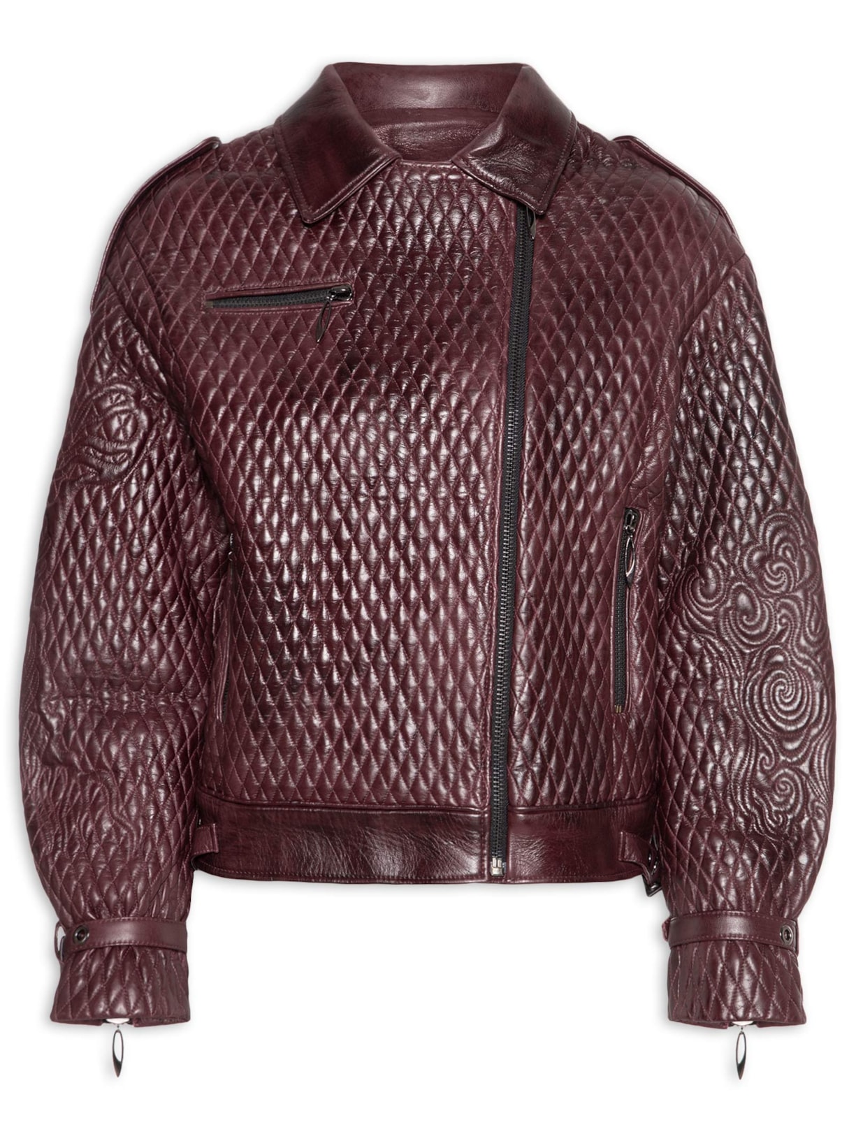 Jaqueta de Couro Feminina Oversized Com Detalhe De Matelassê Bordado - Vermelho