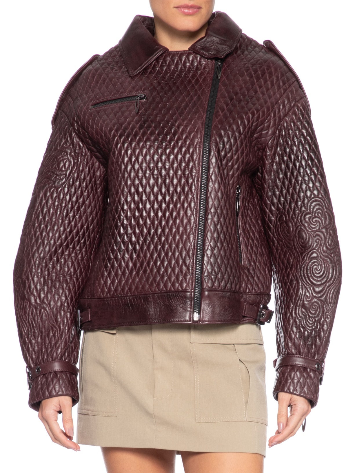 Jaqueta de Couro Feminina Oversized Com Detalhe De Matelassê Bordado Vermelho Animale