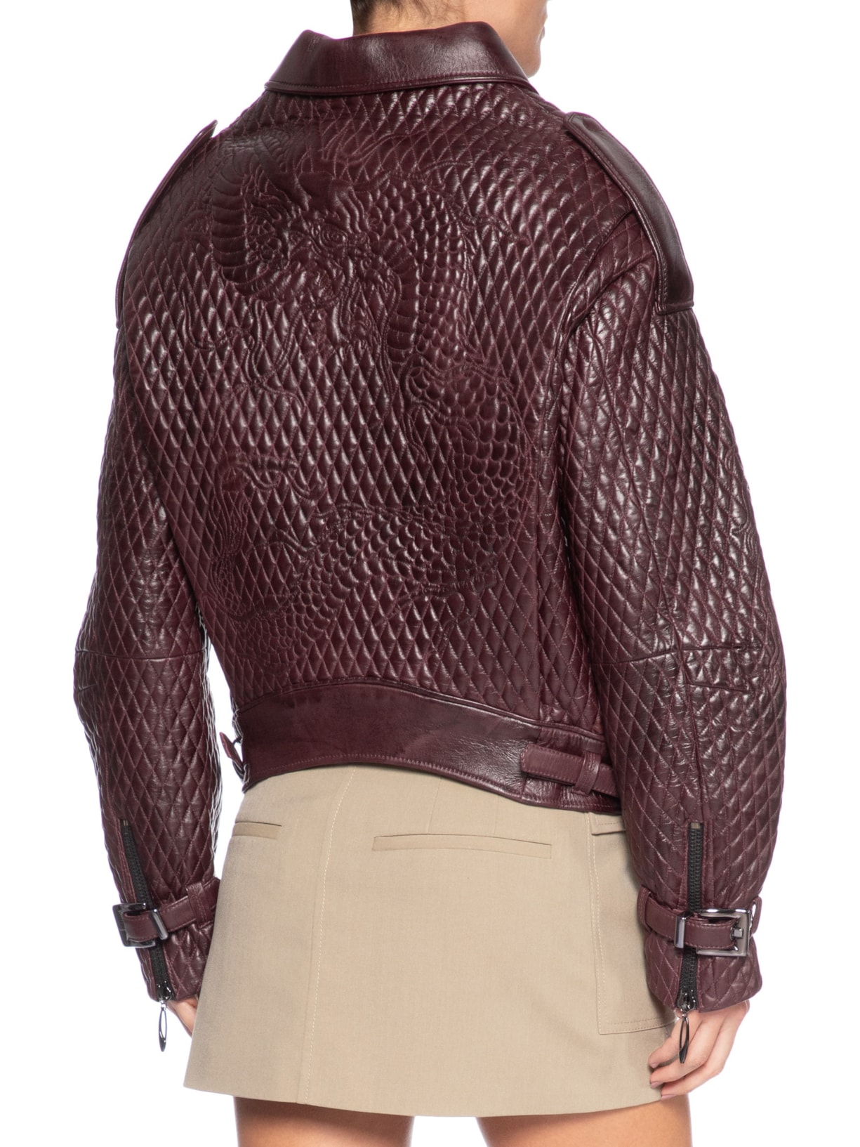 Jaqueta de Couro Feminina Oversized Com Detalhe De Matelassê Bordado Vermelho Animale