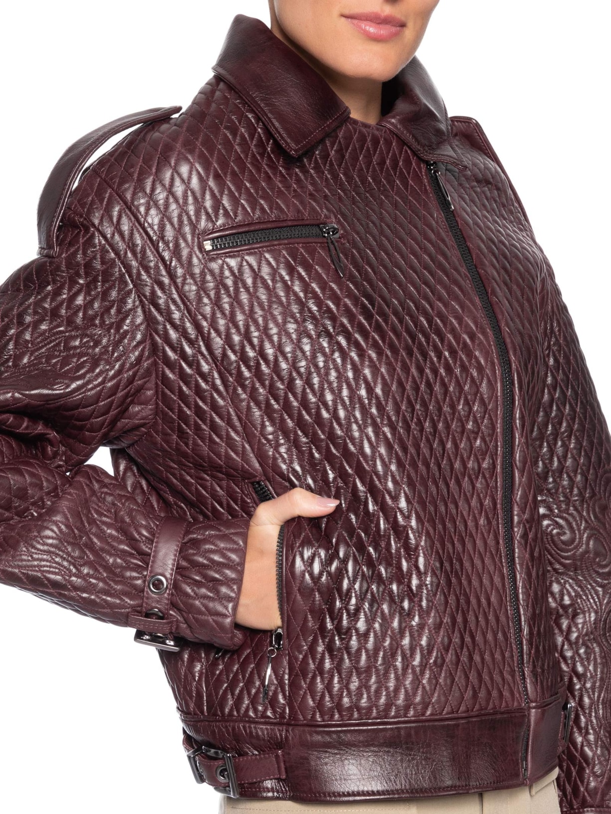 Jaqueta de Couro Feminina Oversized Matelassê Bordado Vermelho Animale