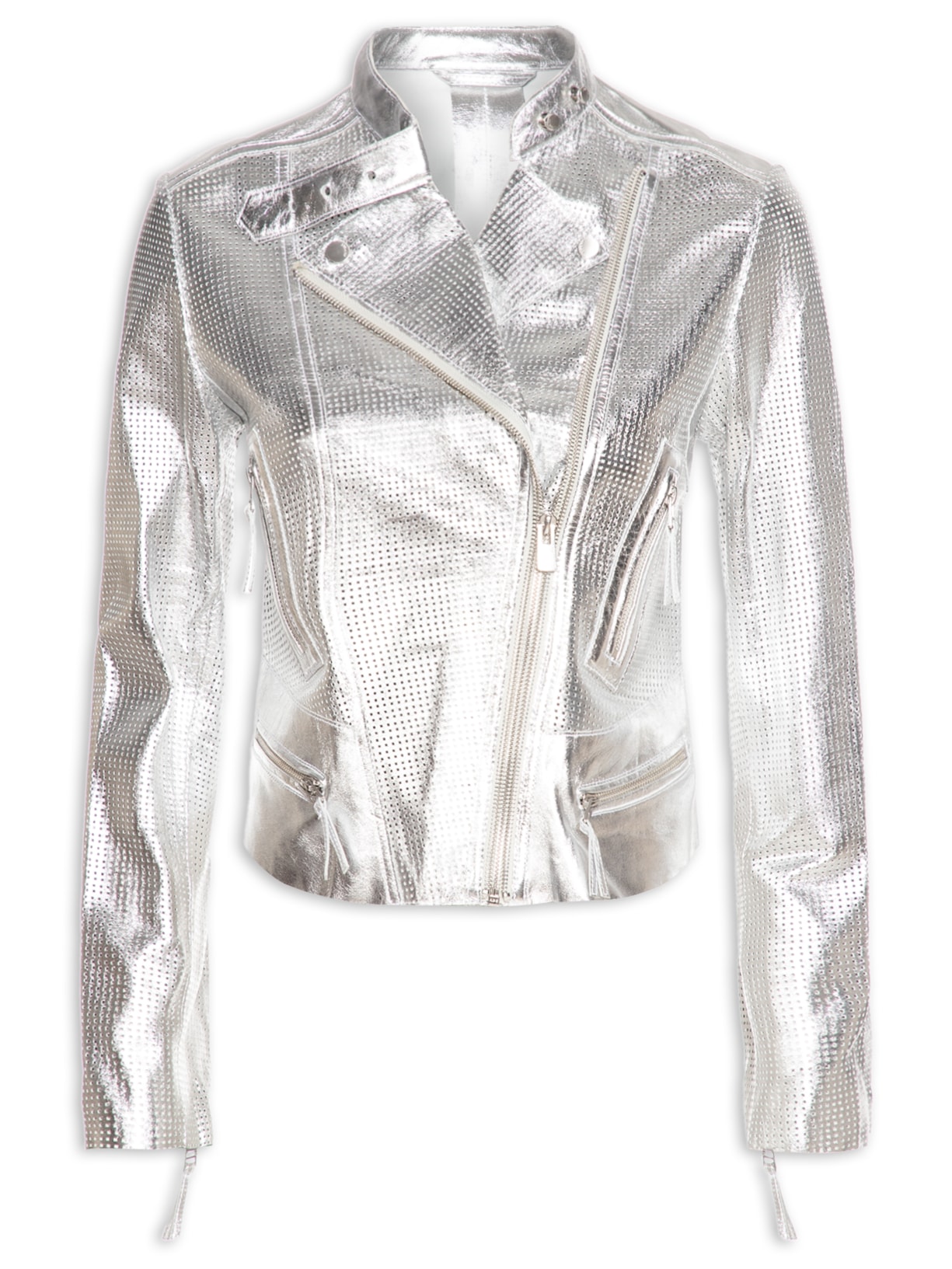 Jaqueta De Couro Motor Furadinha Metalizado - Prateado