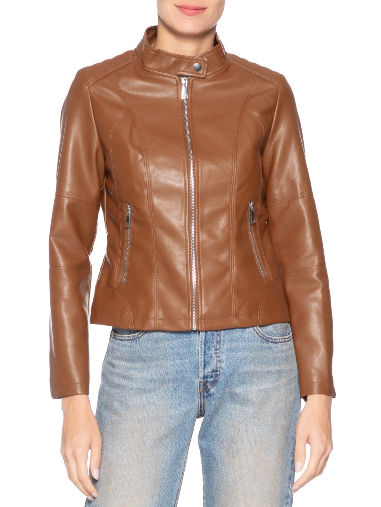 Jaqueta Feminina Biker Com Recortes Marrom Basiq