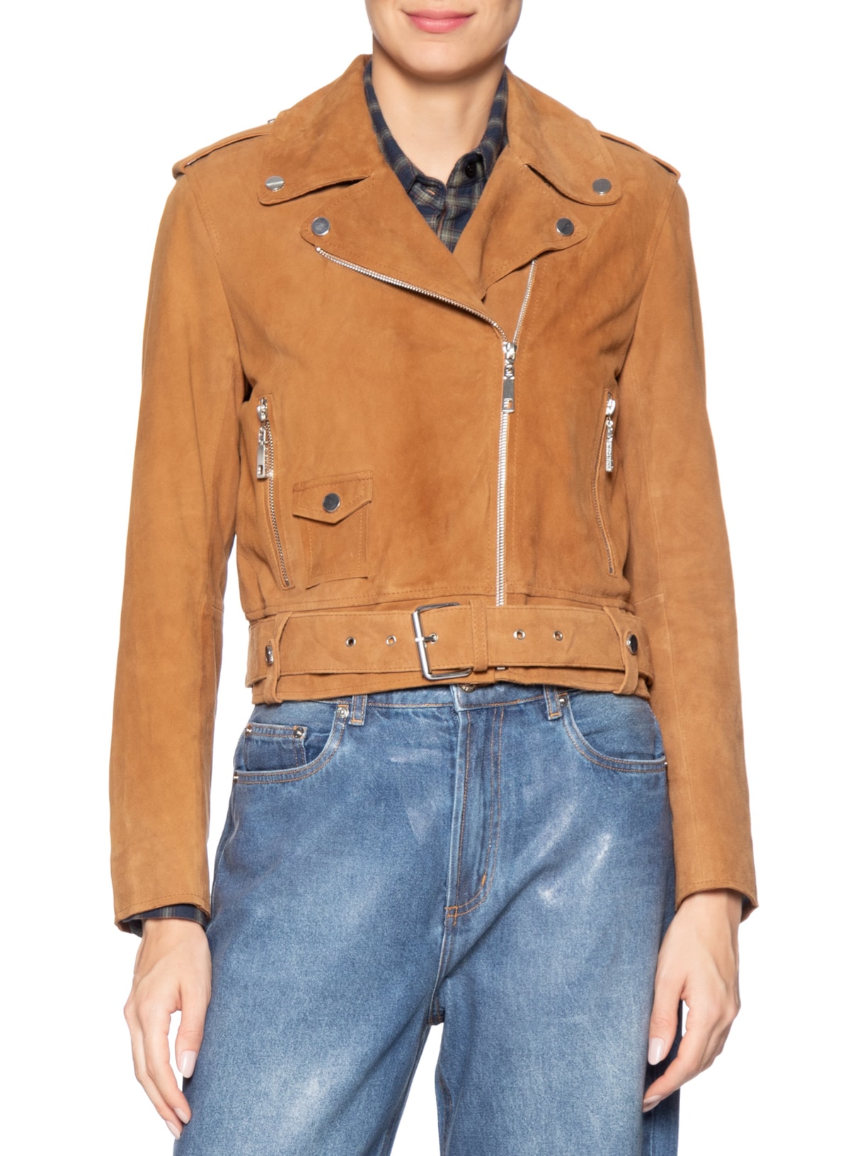 Jaqueta Feminina Biker De Suede Com Cinto Marrom Animale Jeans