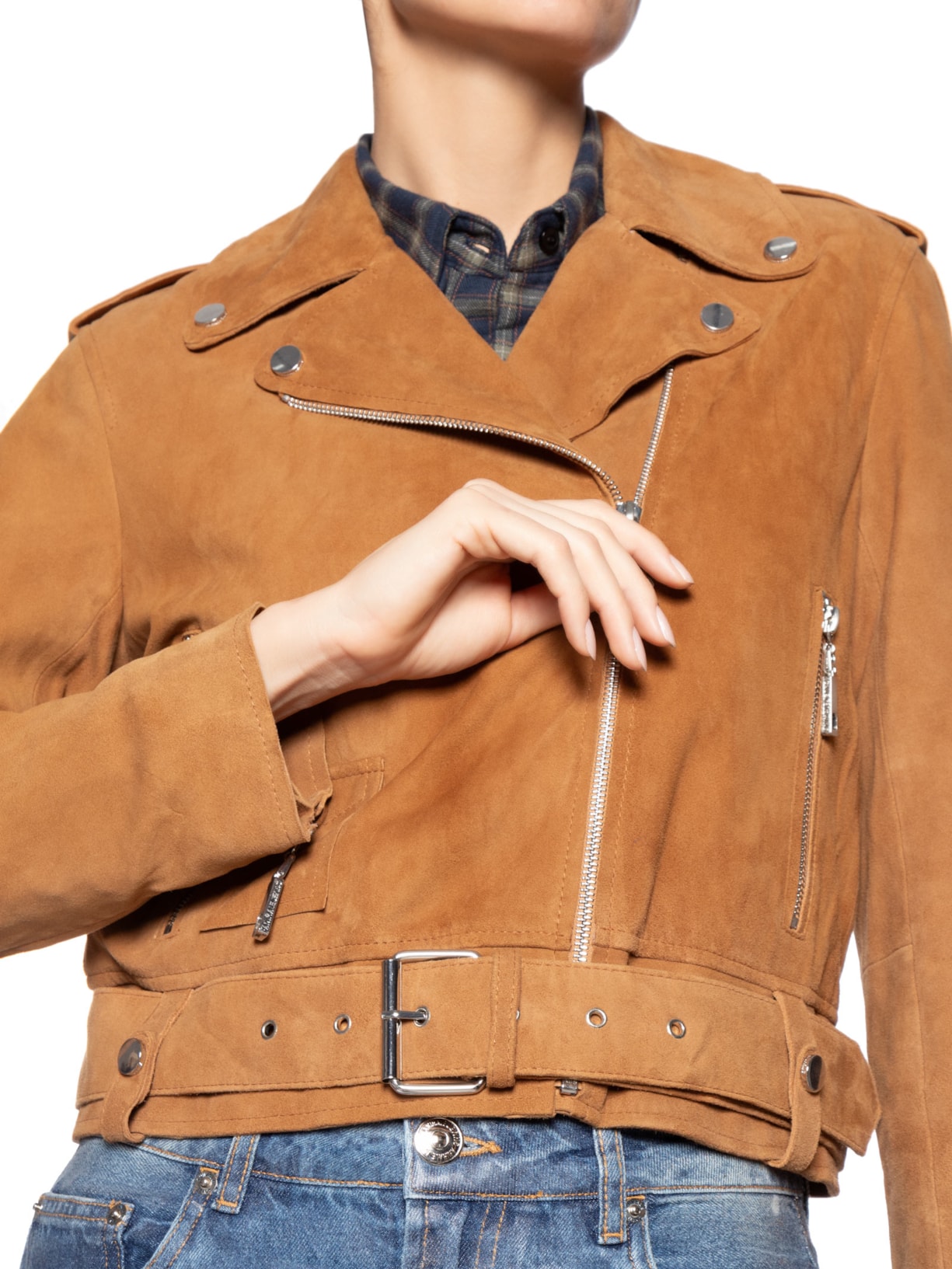 Jaqueta Feminina Biker De Suede Com Cinto Marrom Animale Jeans