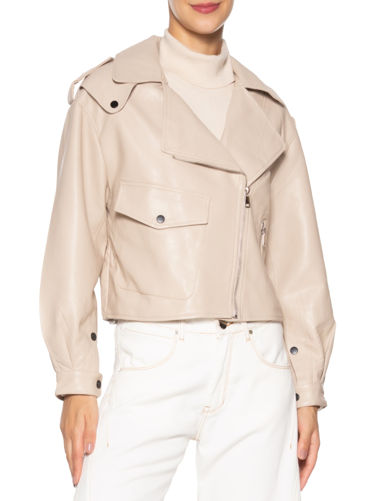 Jaqueta Feminina Biker Oversized Bege Basiq