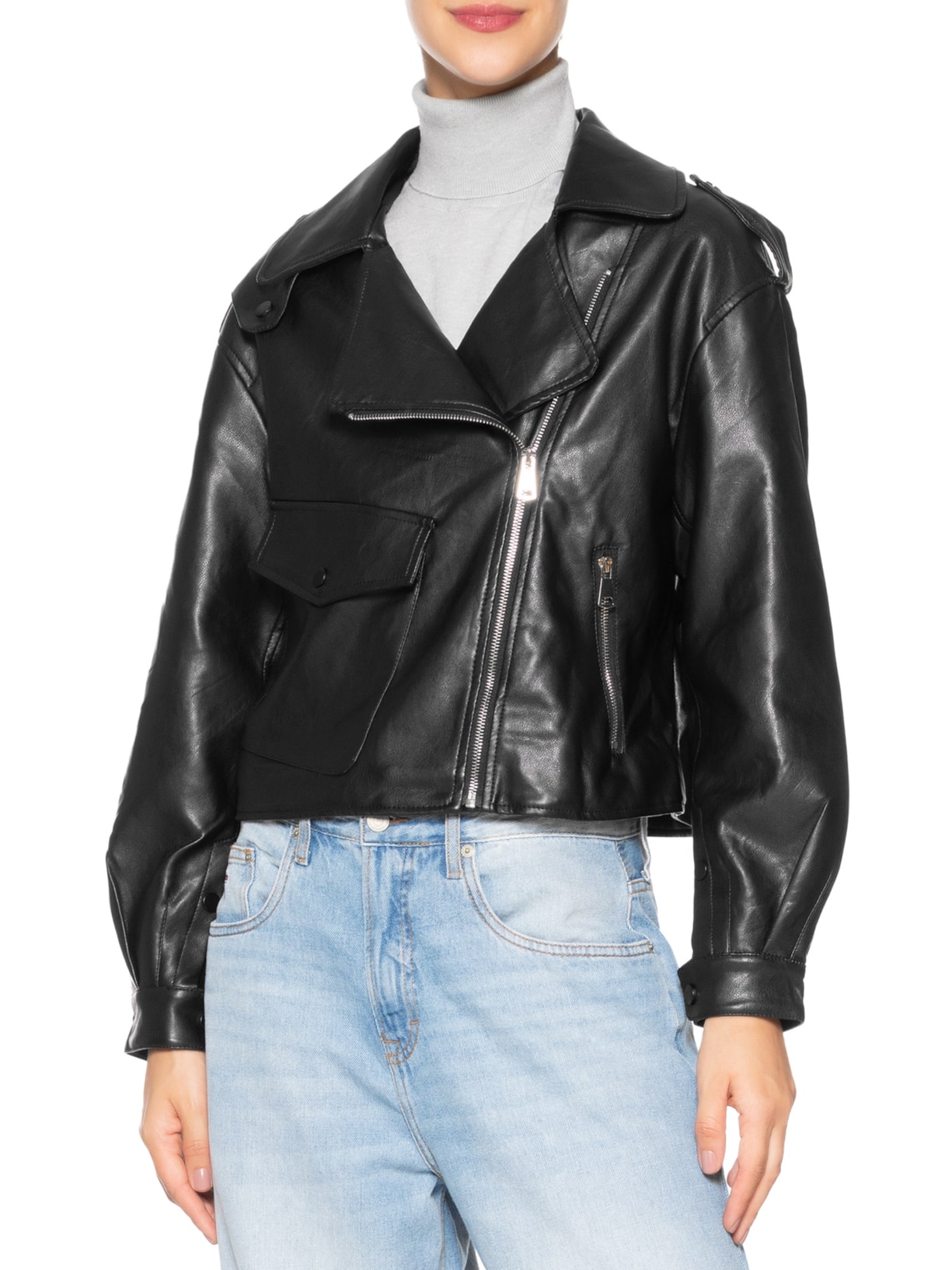 Jaqueta Feminina Biker Oversized Preto Basiq