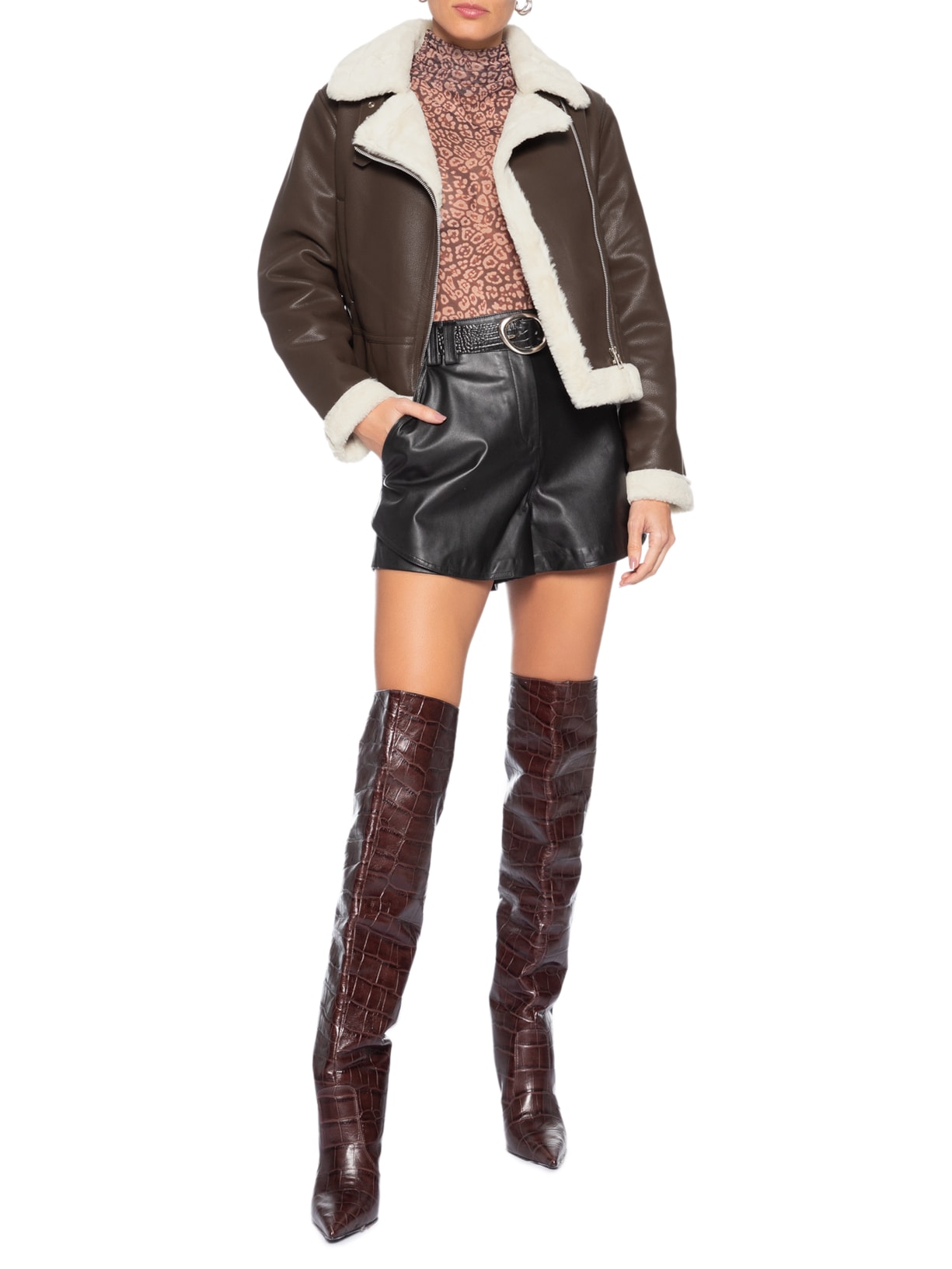 Jaqueta Feminina Biker Peluciada Marrom Market 33