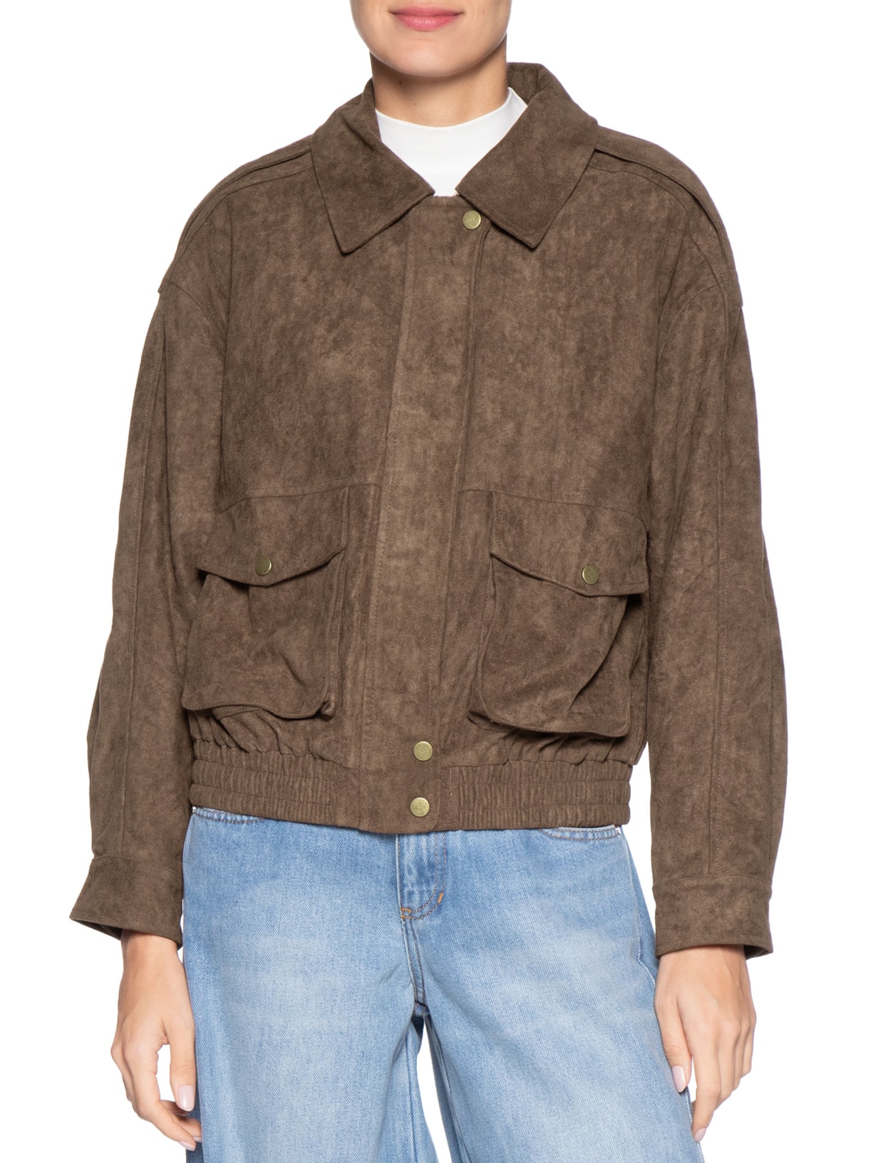 Jaqueta Feminina Bomber Com Bolso Marrom Basiq