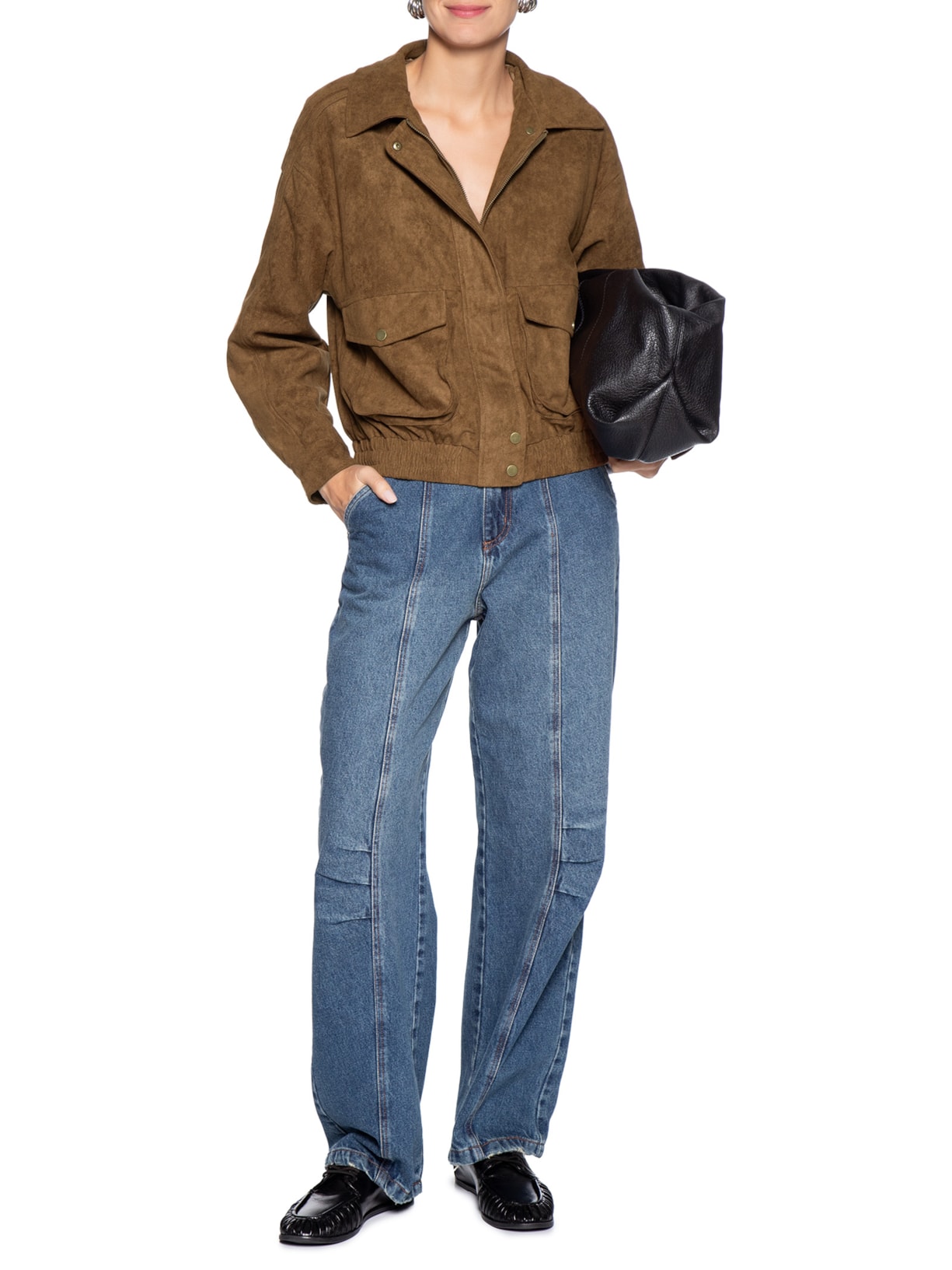 Jaqueta Feminina Bomber Com Bolso Marrom Basiq