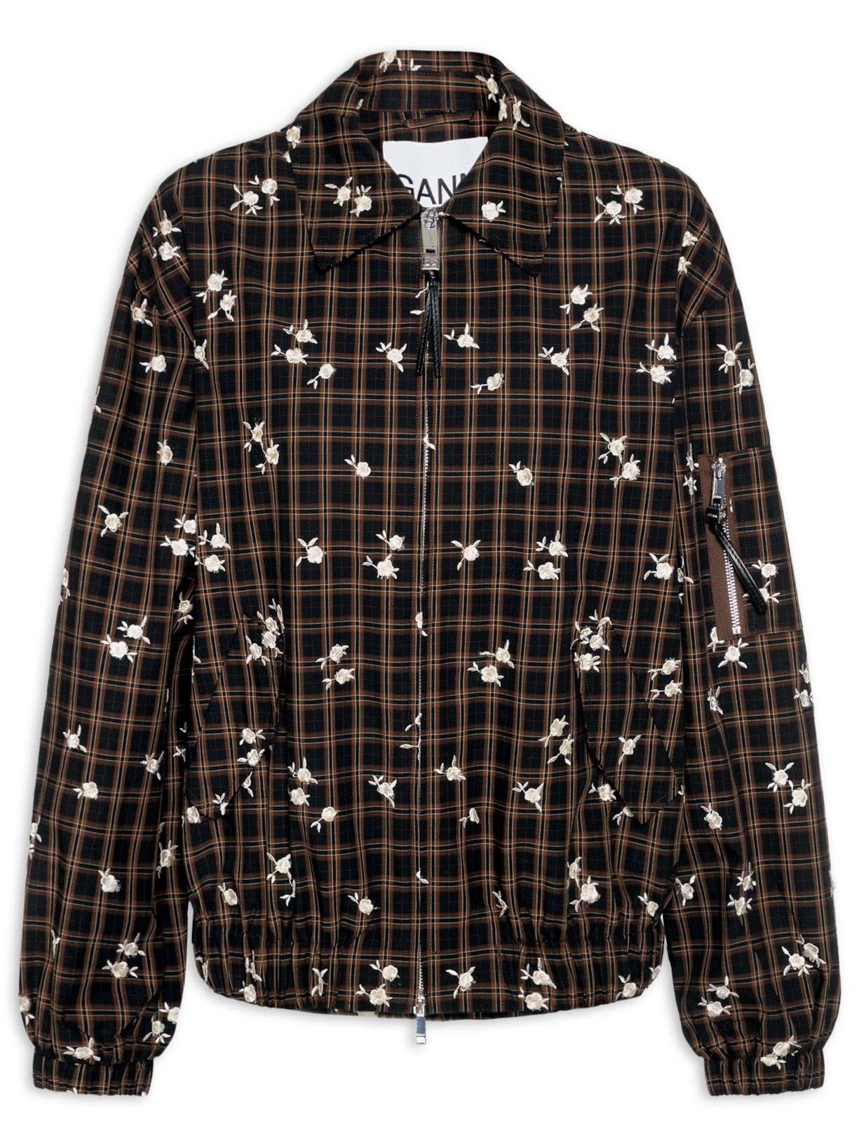 Jaqueta Feminina Bomber Yarn Dyed Check Flower Marrom Ganni