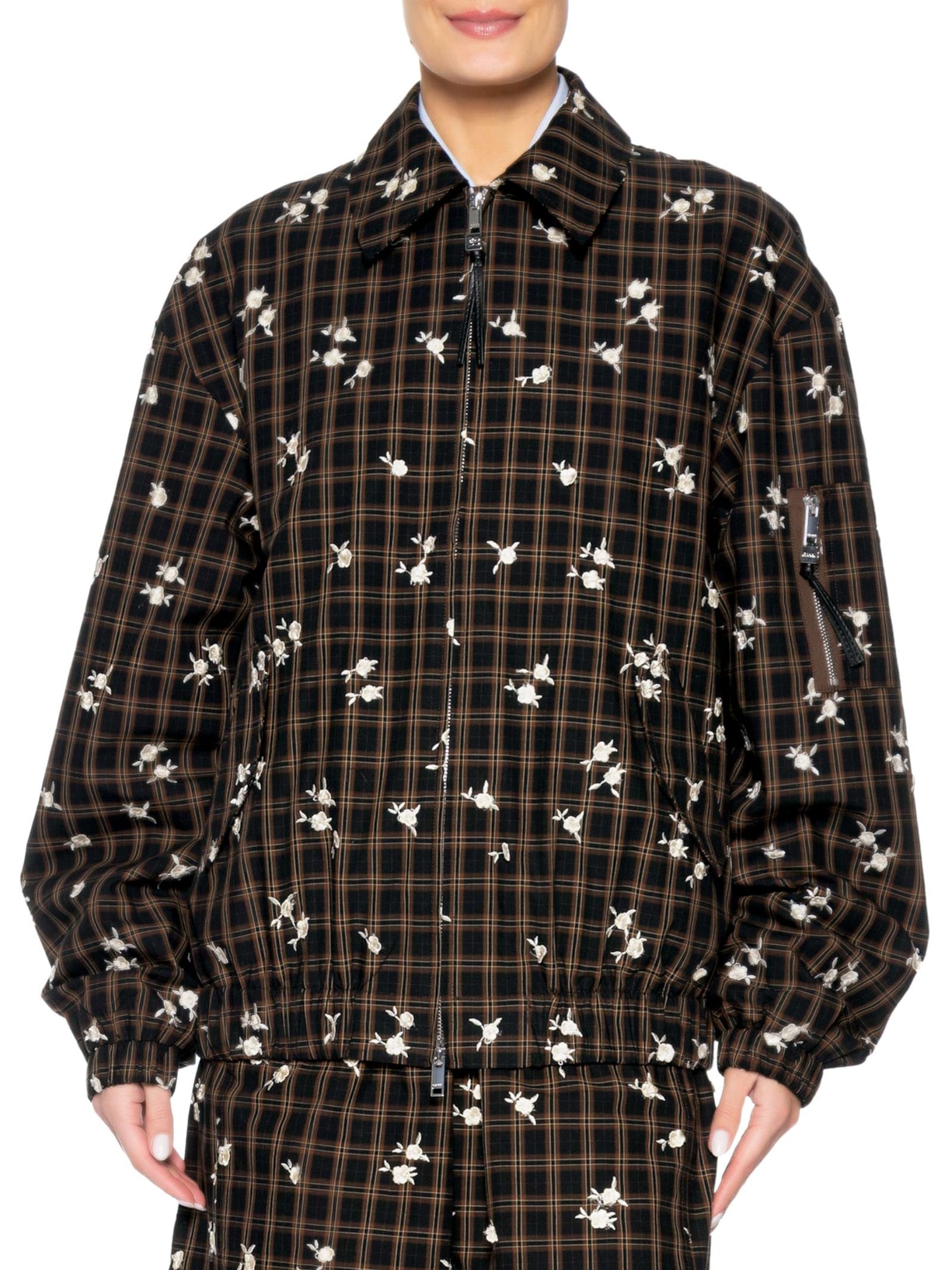 Jaqueta Feminina Bomber Yarn Dyed Check Flower Marrom Ganni