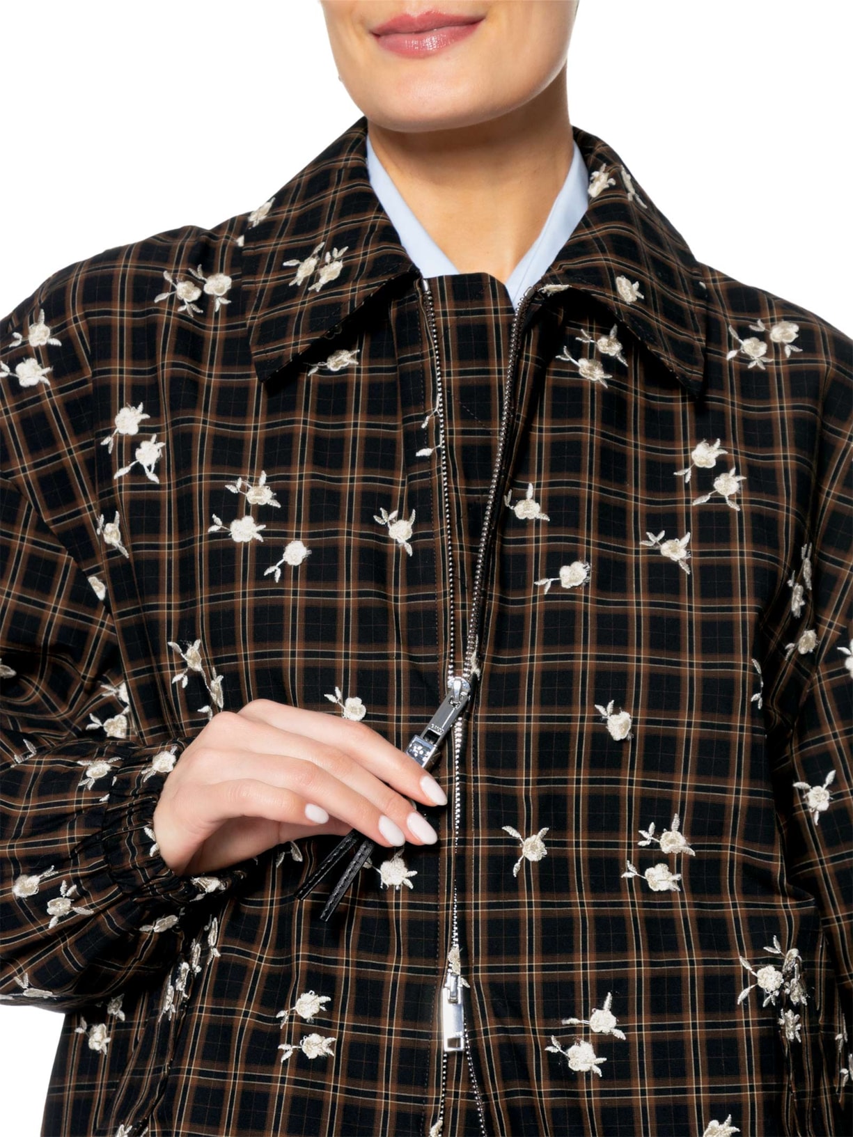 Jaqueta Feminina Bomber Yarn Dyed Check Flower Marrom Ganni