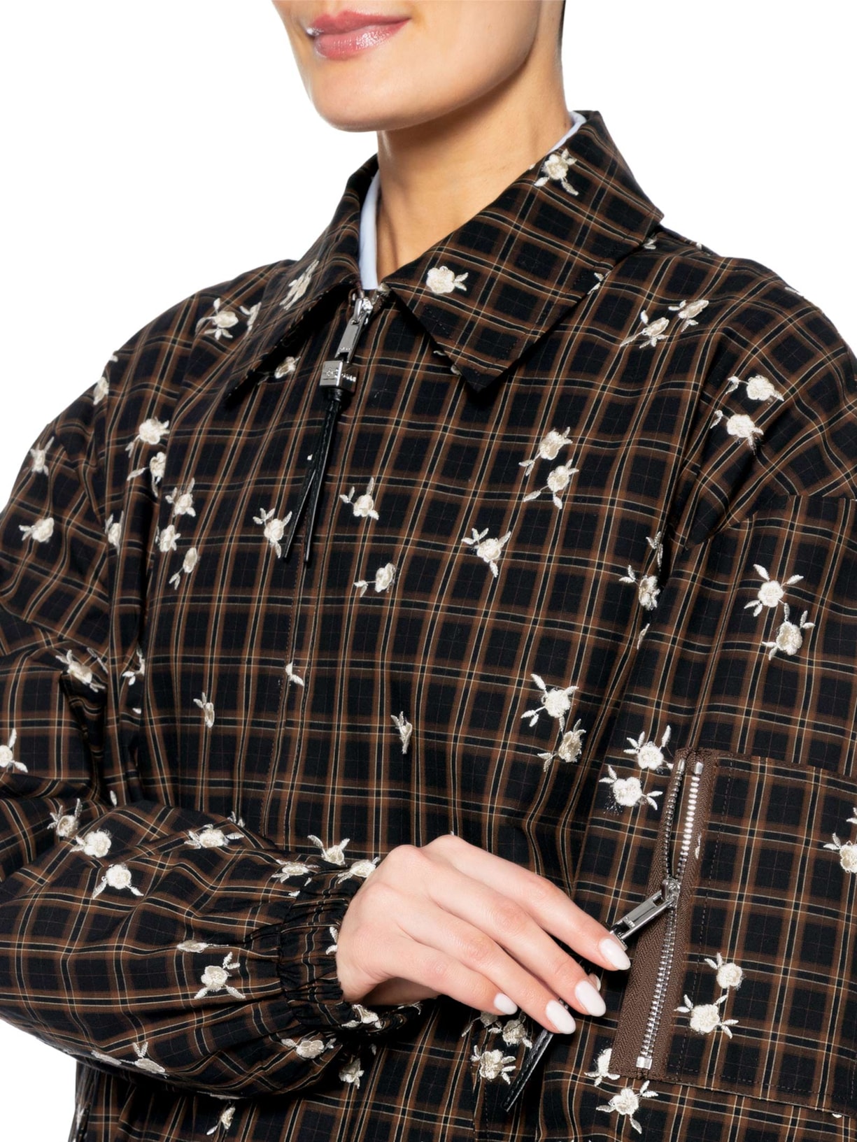Jaqueta Feminina Bomber Yarn Dyed Check Flower Marrom Ganni