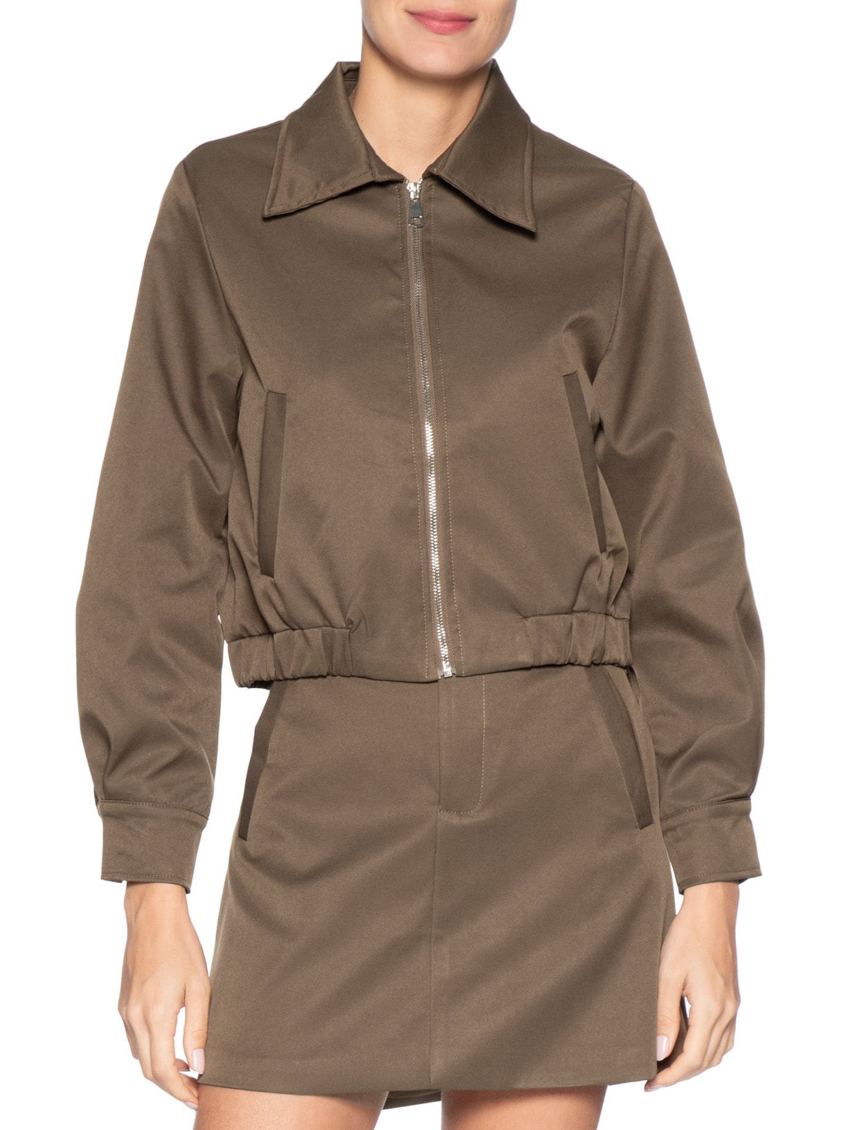 Jaqueta Feminina Com Bolso E Elástico Marrom Basiq