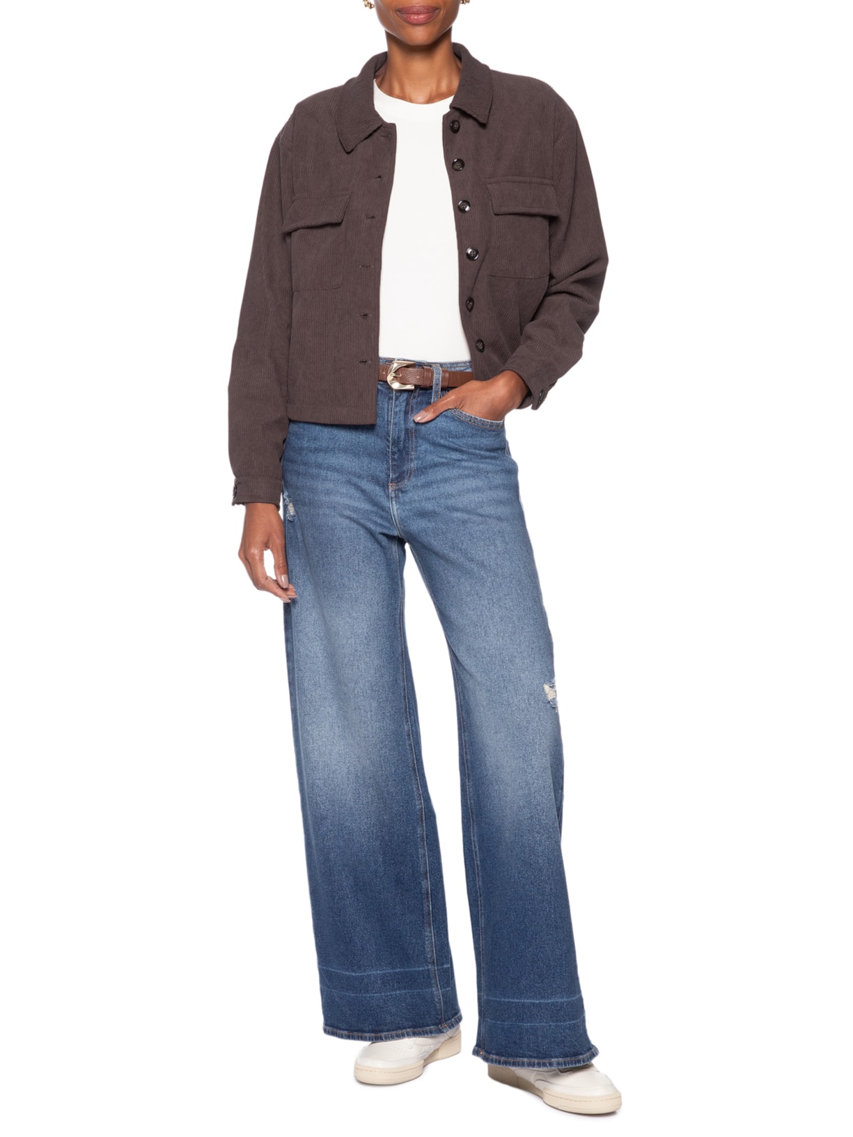 Jaqueta Feminina Com Bolso Marrom Basiq