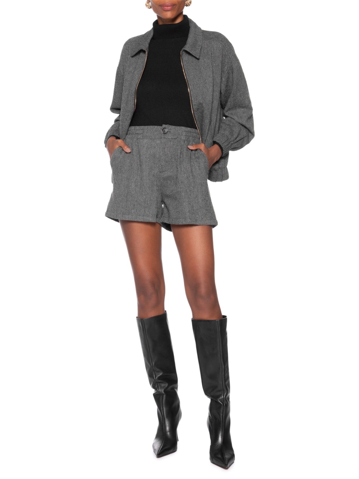 Jaqueta Feminina Com Bolsos Frontais Cinza Market 33