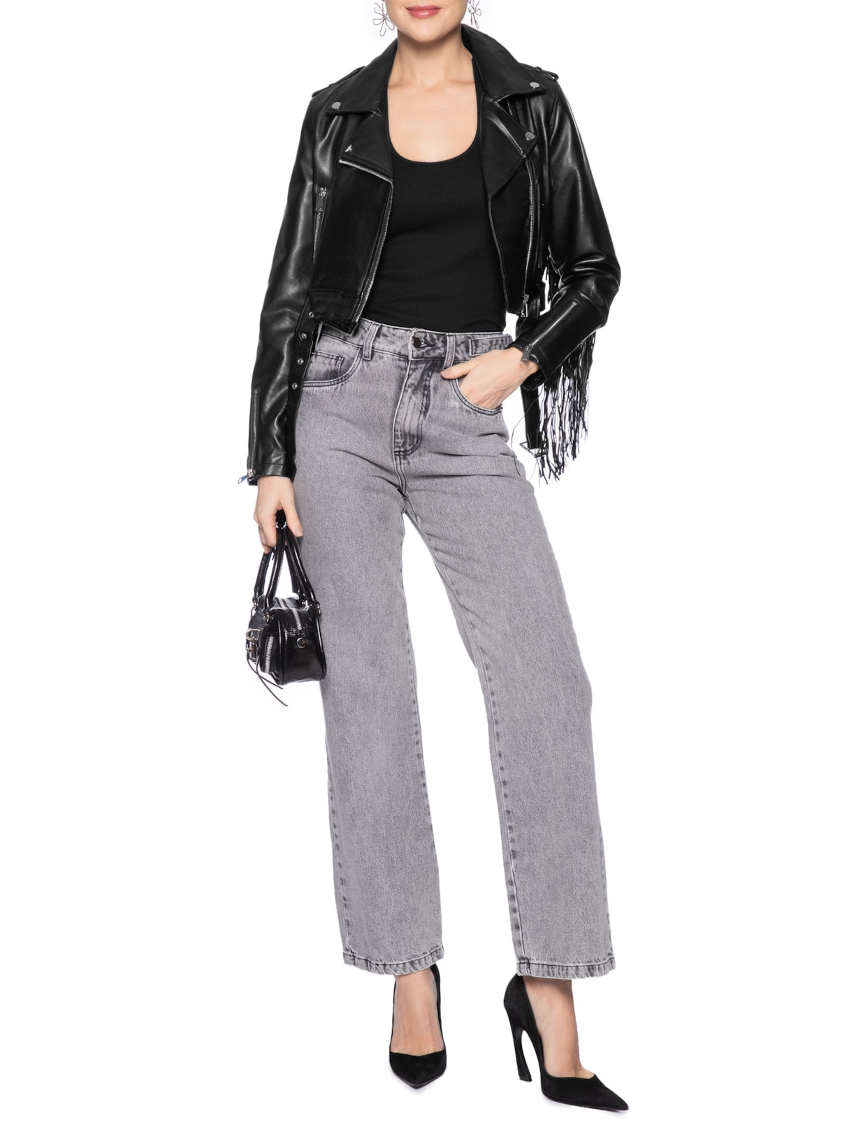 Jaqueta Feminina Com Franjas Preto Market 33