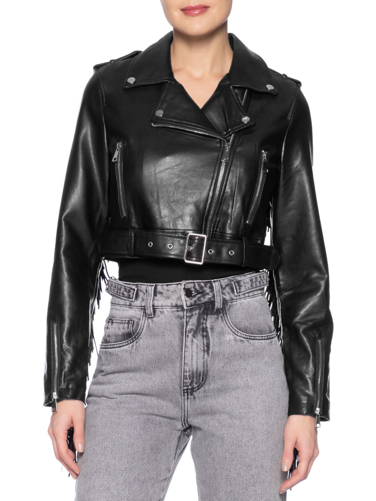 Jaqueta Feminina Com Franjas Preto Market 33