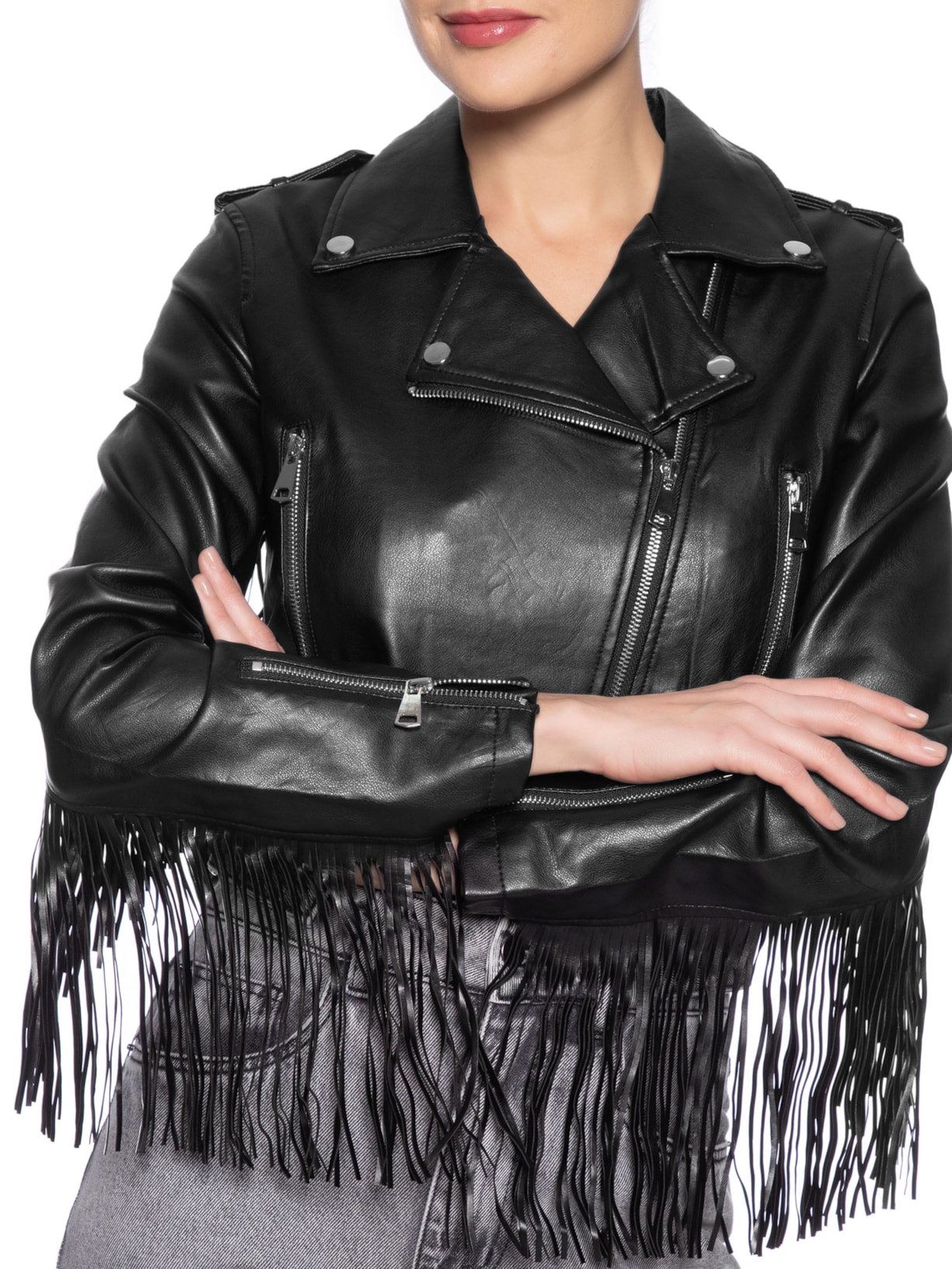 Jaqueta Feminina Com Franjas Preto Market 33