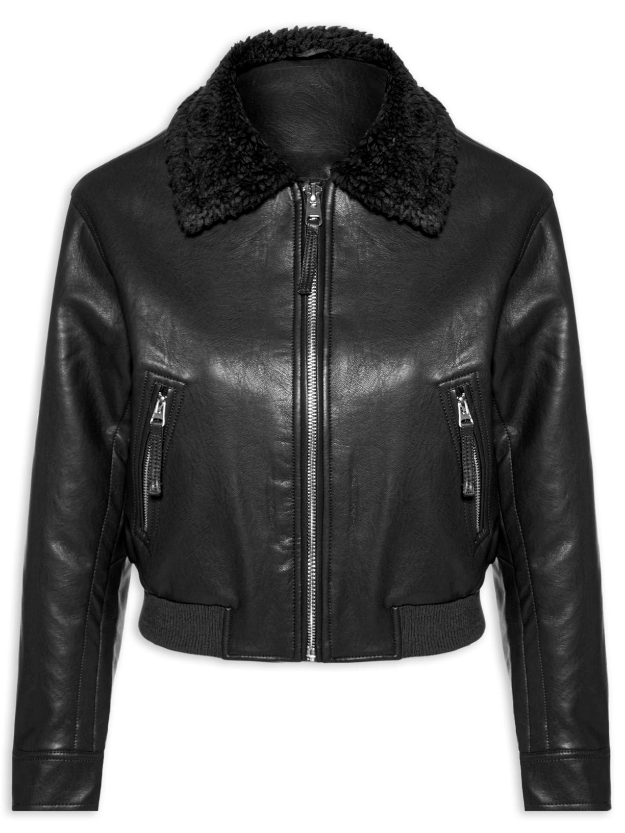 Jaqueta Feminina Com Gola Peluciada Preto Market 33