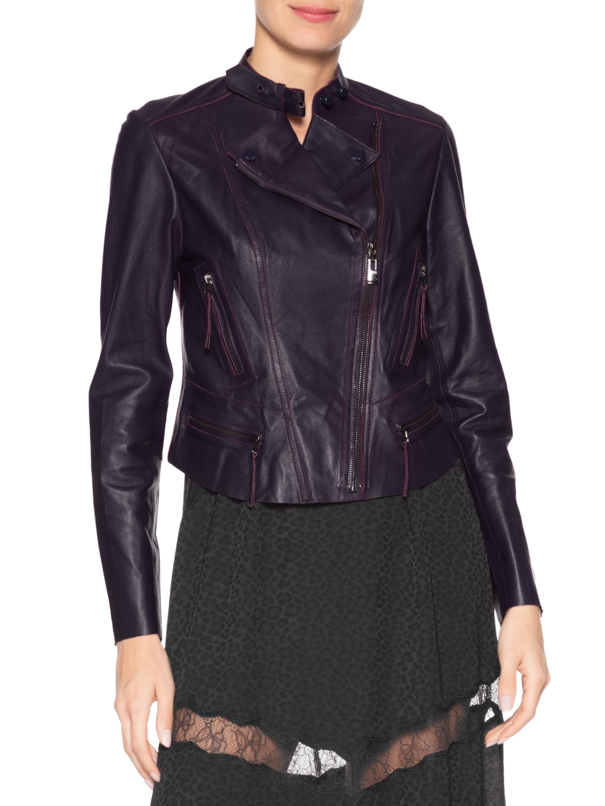 Jaqueta Feminina Couro Motor Clássica Roxo Animale