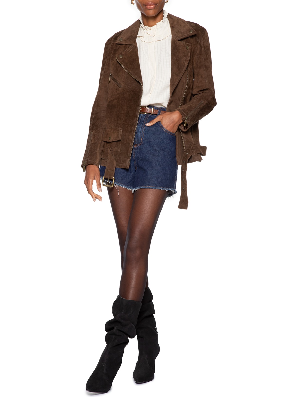 Jaqueta Feminina Couro Perfecto Long Marrom Studio Kalline