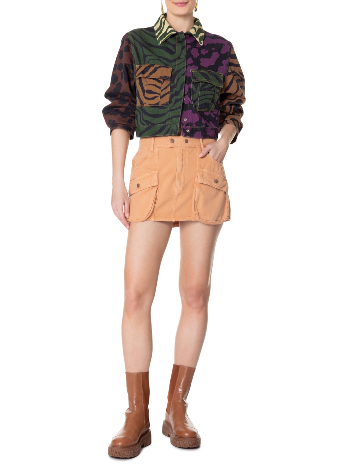 Jaqueta Feminina Cropped Sarja Patch Selvativa Animal Print Farm