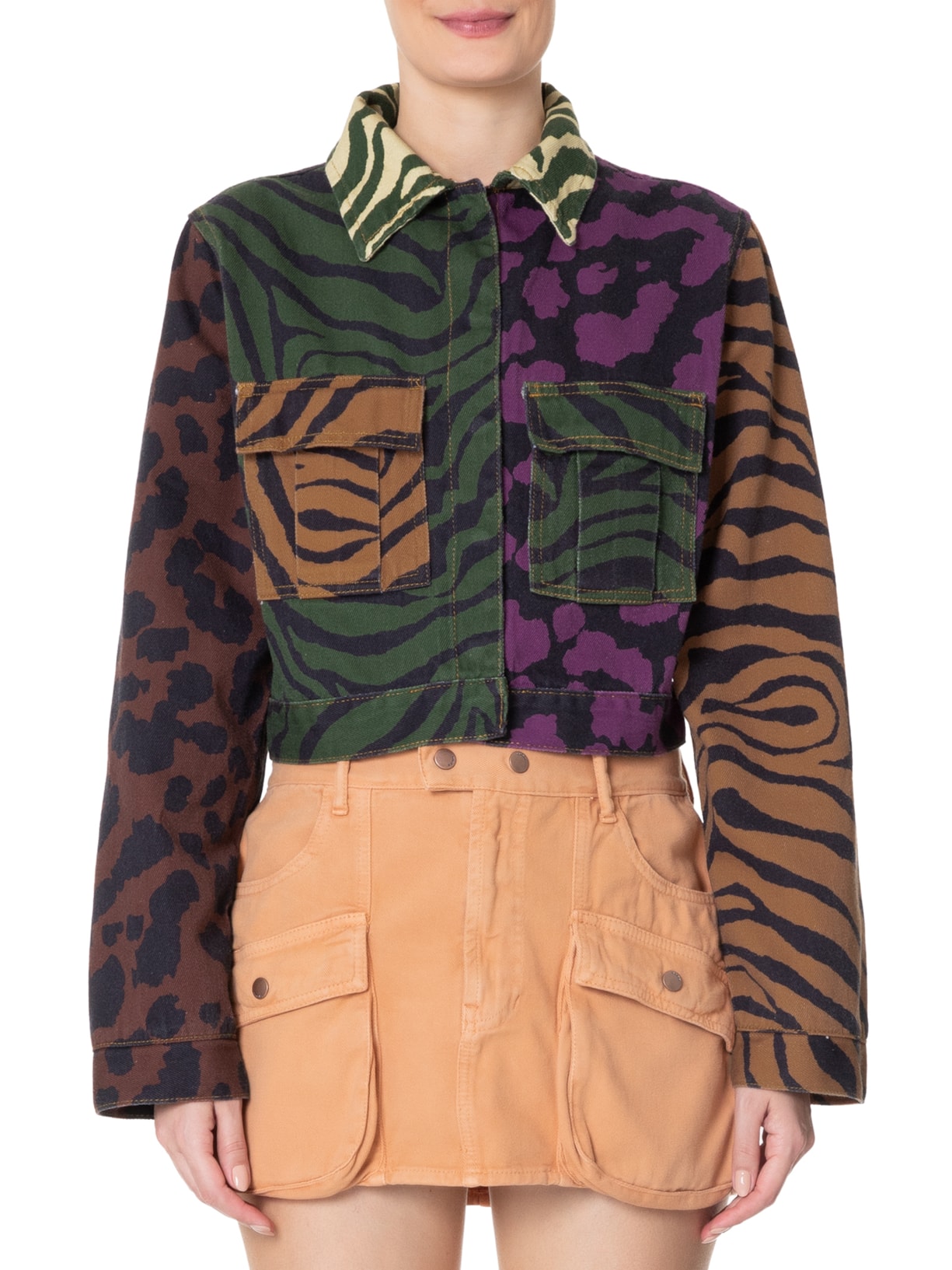 Jaqueta Feminina Cropped Sarja Patch Selvativa Animal Print Farm