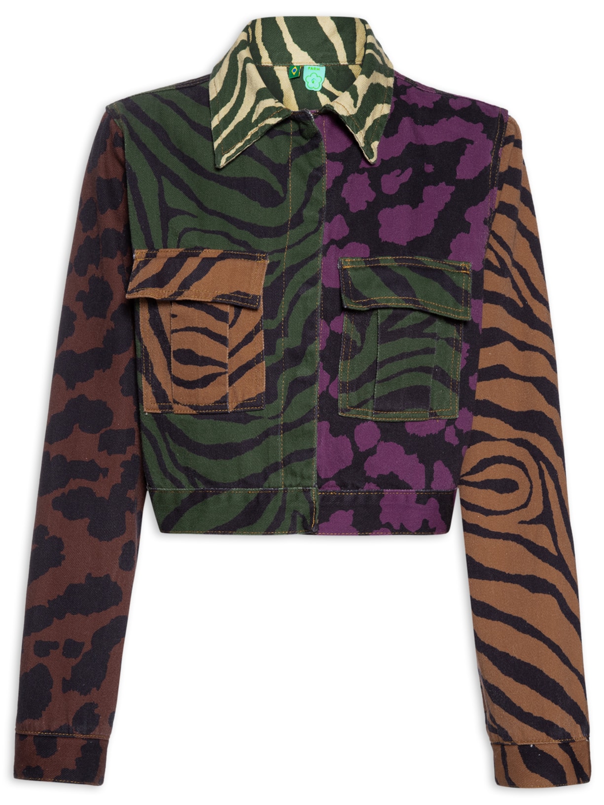 Jaqueta Feminina Cropped Sarja Patch Selvativa Animal Print Farm