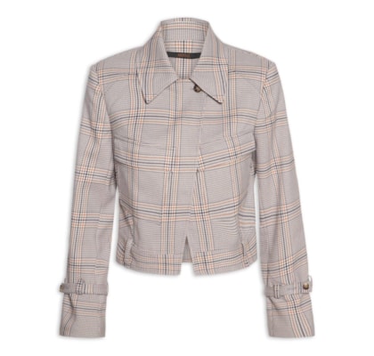 Jaqueta Feminina Cropped Xadrez - Cinza