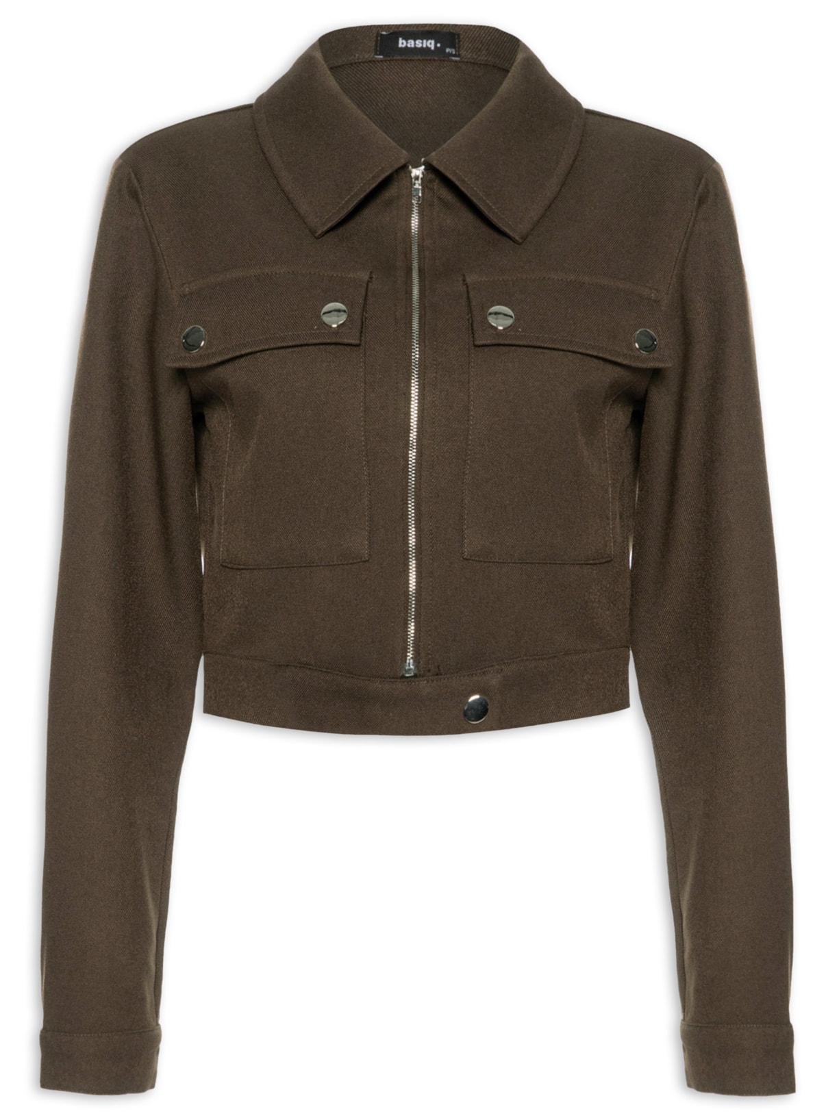 Jaqueta Feminina Curta Com Bolso Frontais - Marrom