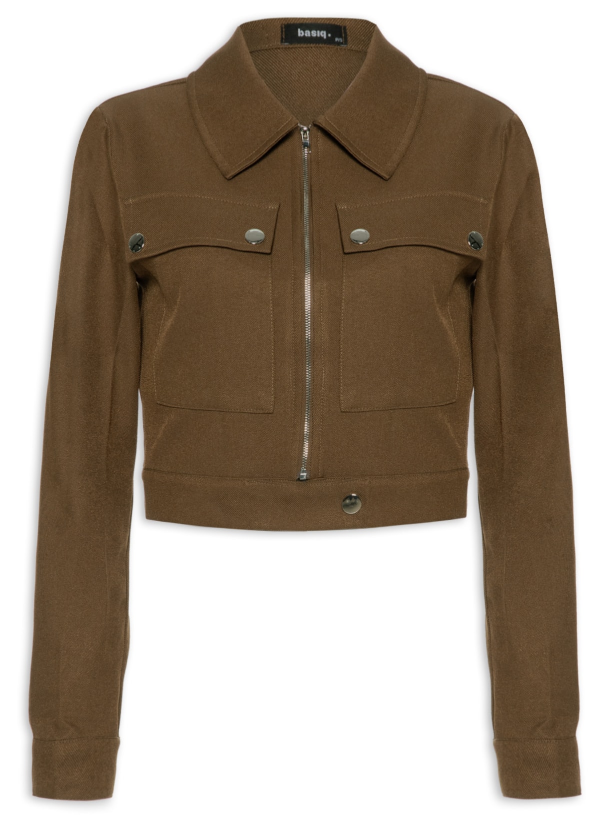 Jaqueta Feminina Curta Com Bolso Frontais - Marrom