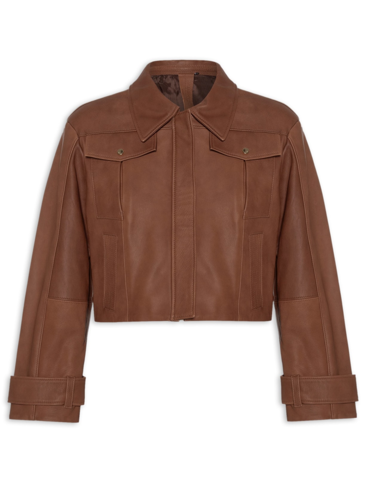 Jaqueta Feminina De Couro Ampla Bolso Pesponto - Marrom