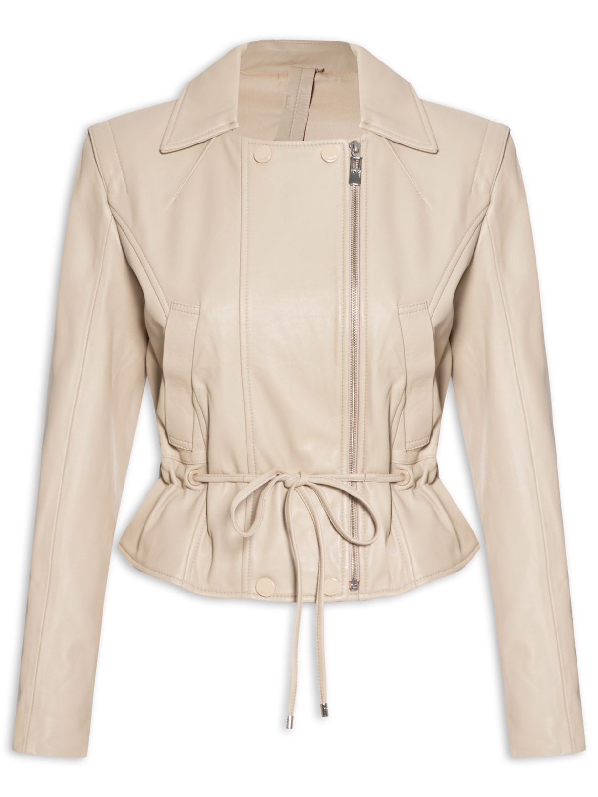 Jaqueta Feminina De Couro Franzido Amarração - Bege