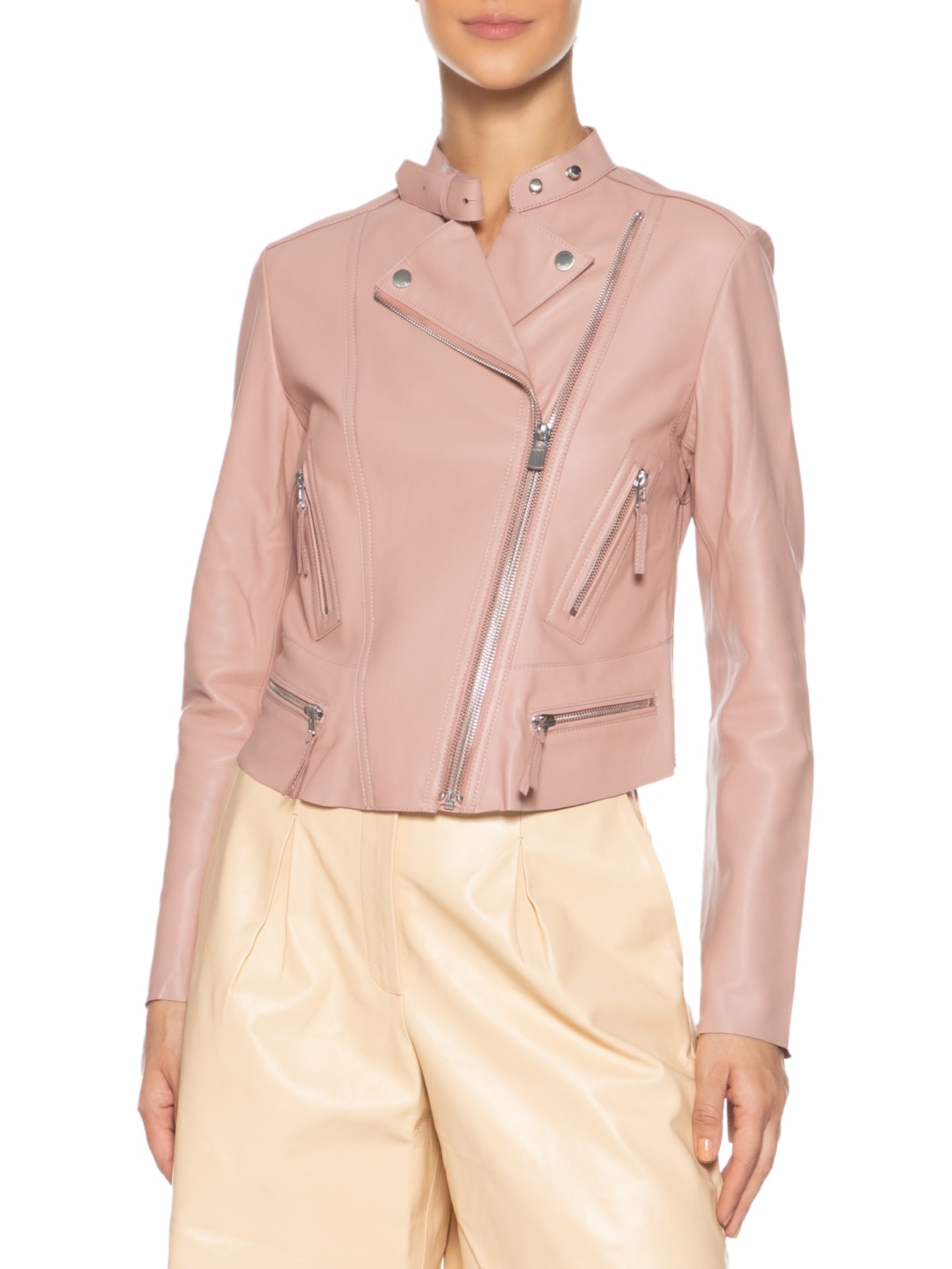 Jaqueta Feminina De Couro Motor Classic Rosa Animale