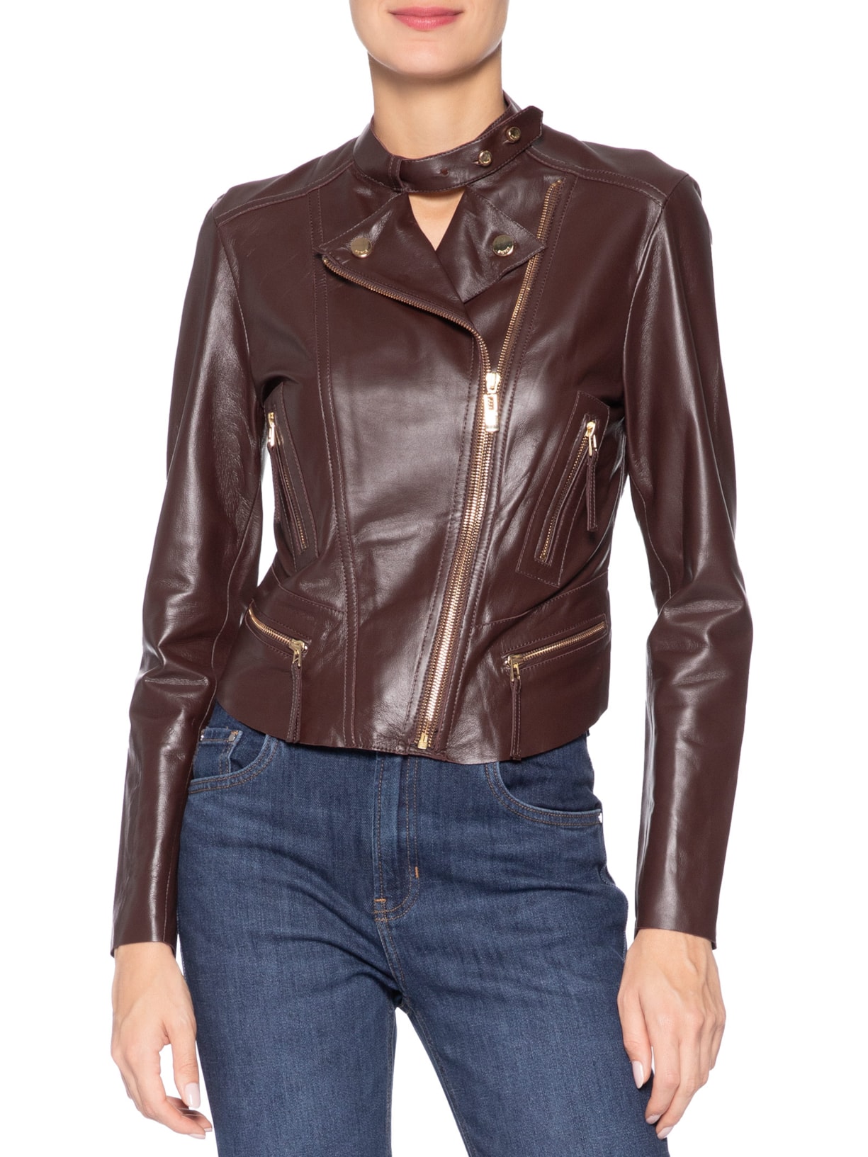 Jaqueta Feminina De Couro Motor Clássica Color Marrom Animale