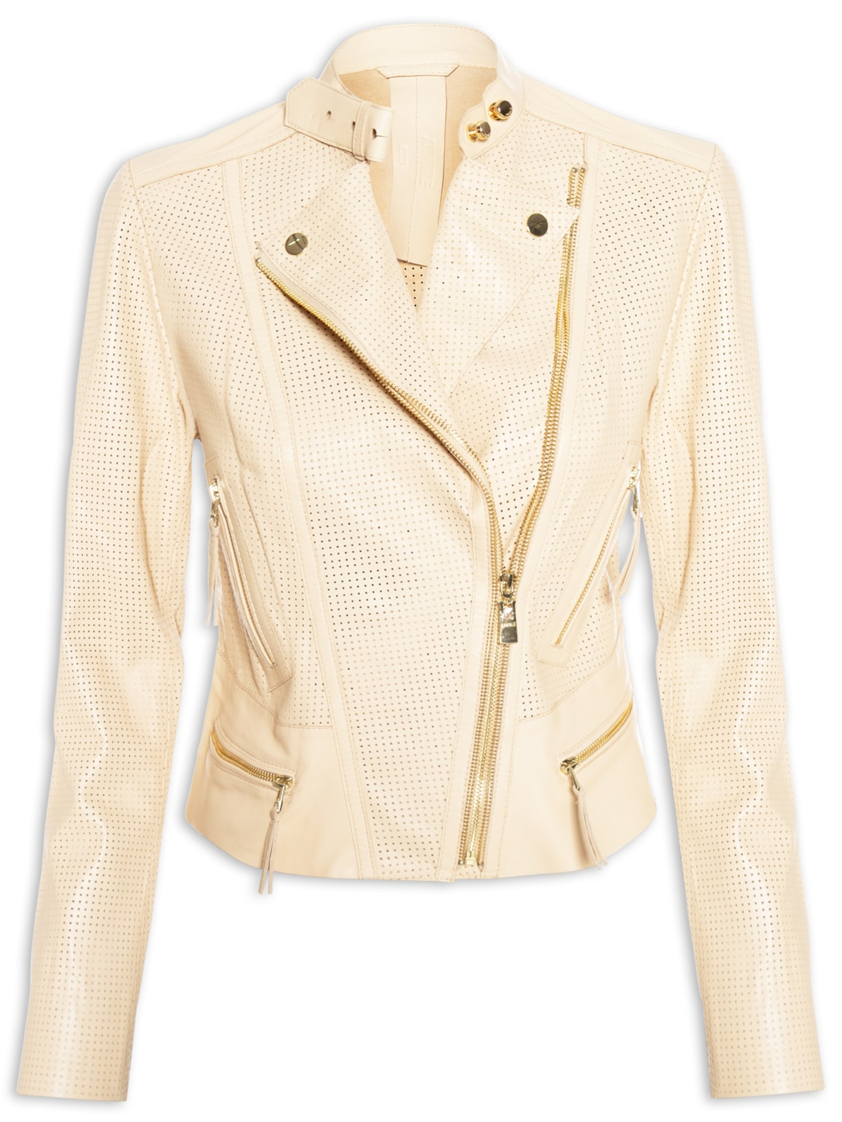 Jaqueta Feminina De Couro Motor Furadinha - Bege