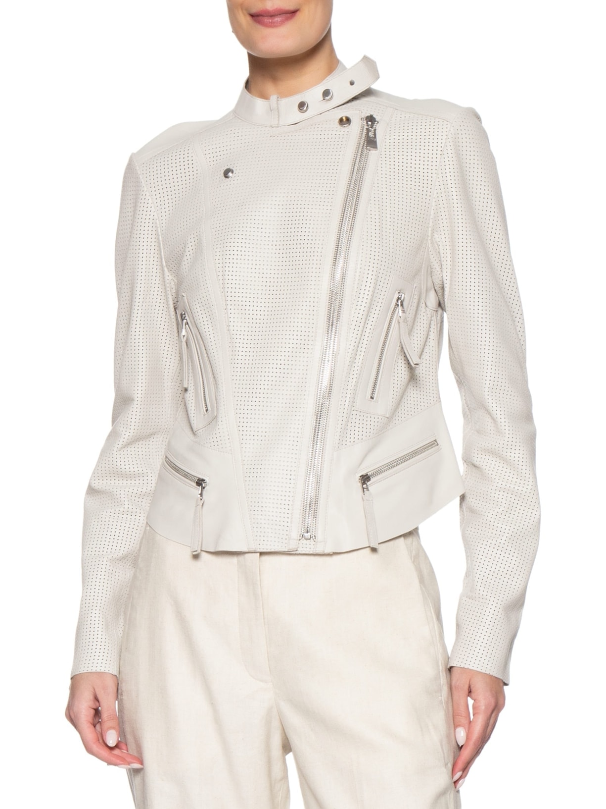 Jaqueta Feminina de Couro Motor Furadinha  – Branco Animale