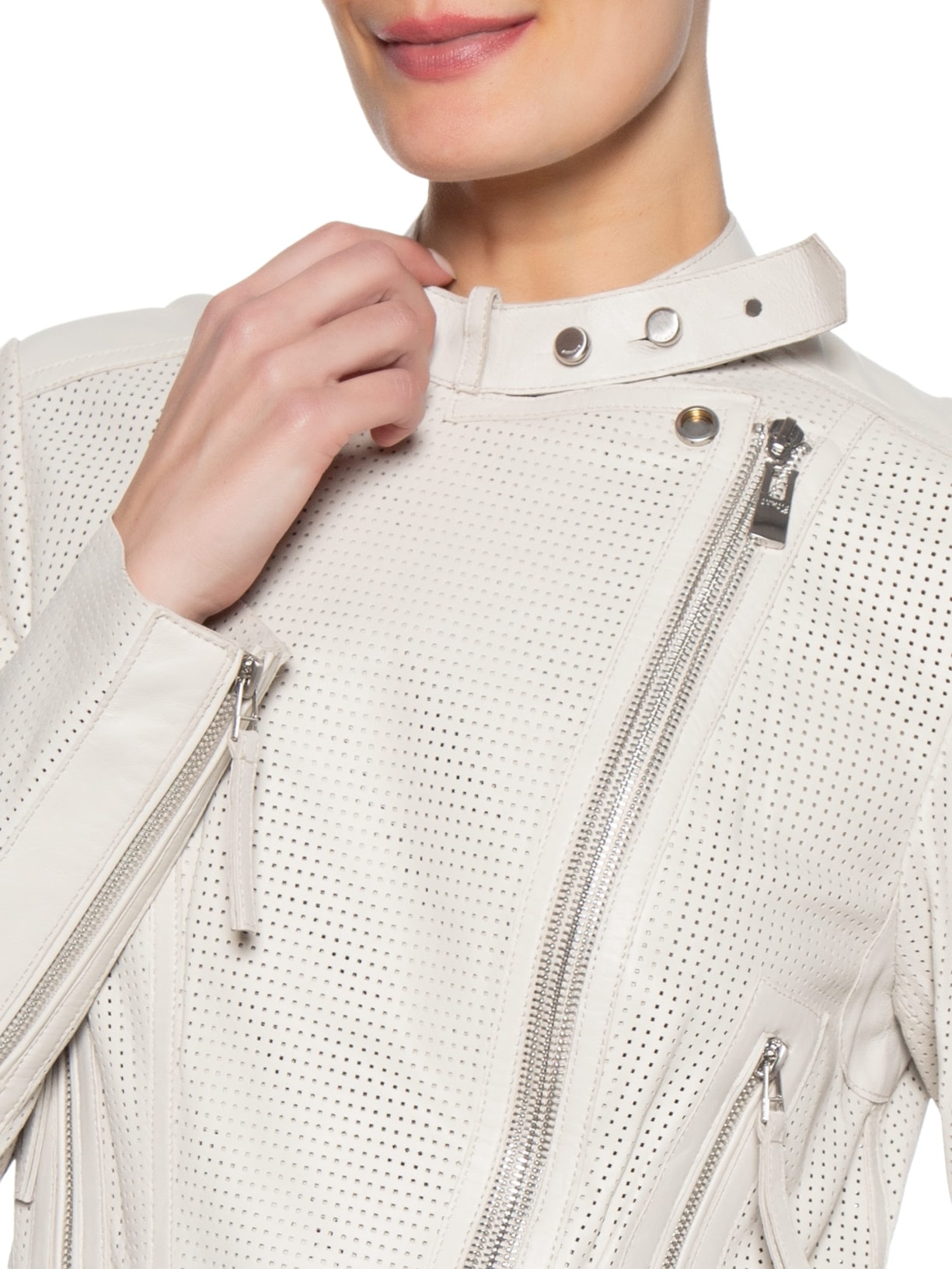 Jaqueta Feminina de Couro Motor Furadinha  – Branco Animale