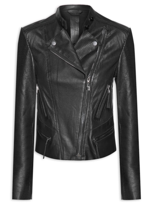 Jaqueta Feminina De Couro Motor Vazada - Preto