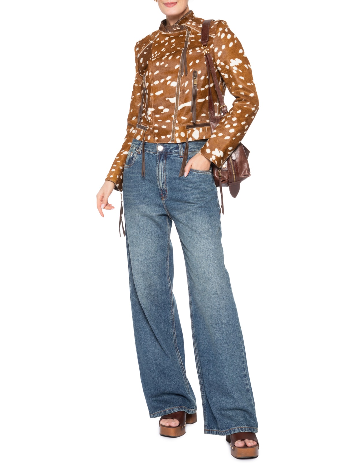 Jaqueta Feminina De Couro Pelo Animal Print Marrom Animale