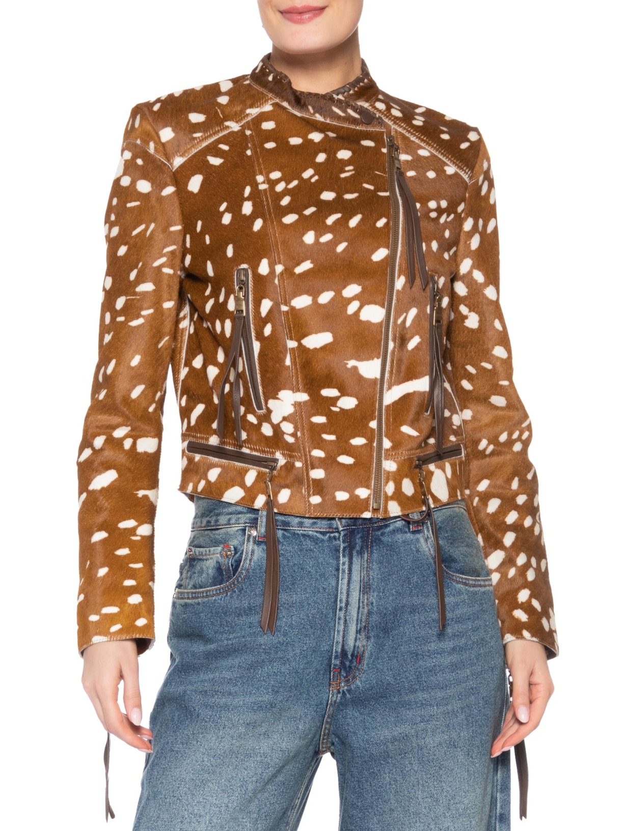 Jaqueta Feminina De Couro Pelo Animal Print Marrom Animale