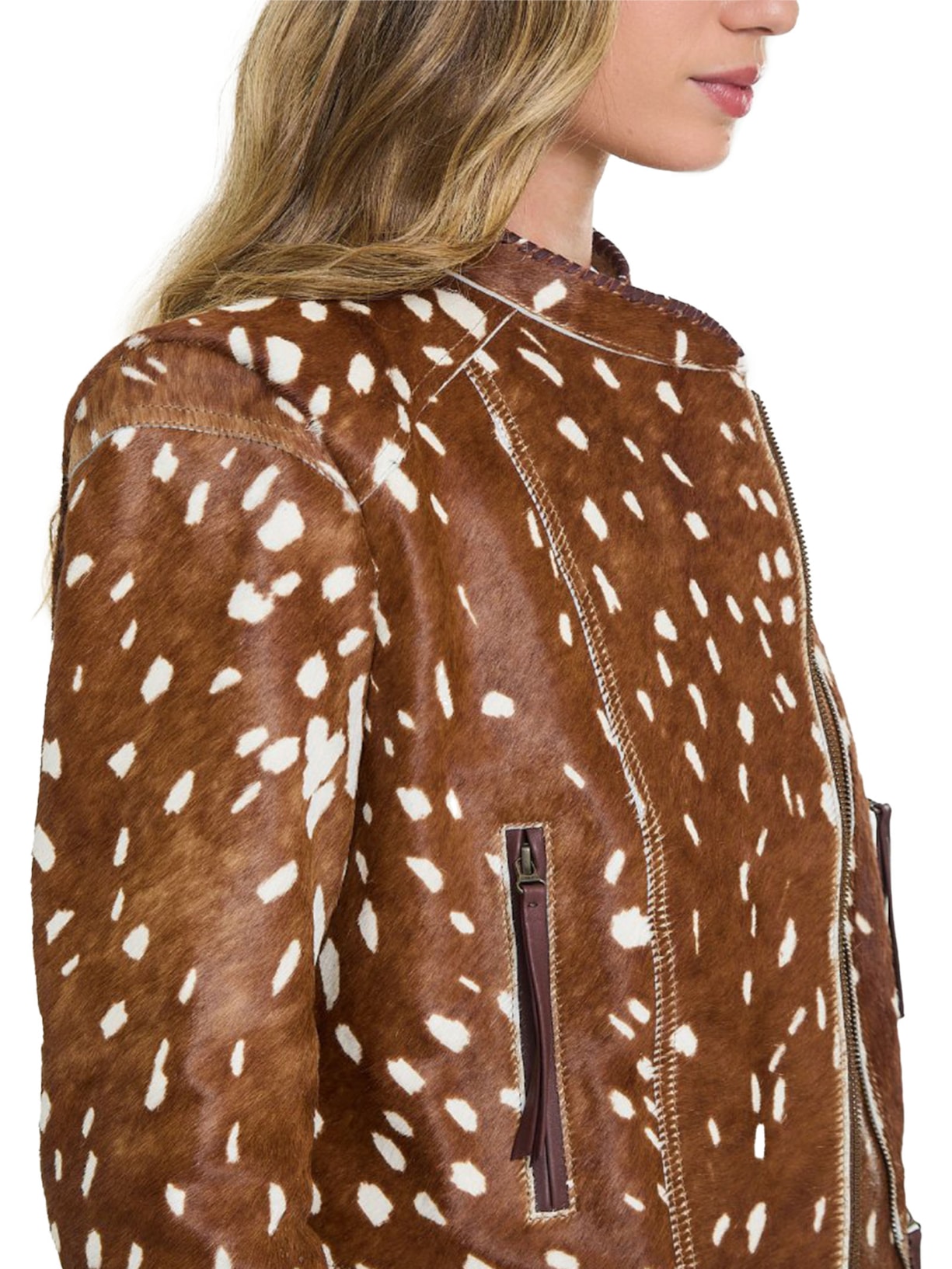 Jaqueta Feminina De Couro Pelo Animal Print Marrom Animale