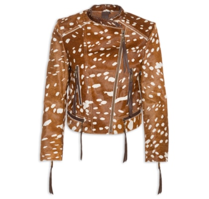 Jaqueta Feminina De Couro Pelo Animal Print - Marrom
