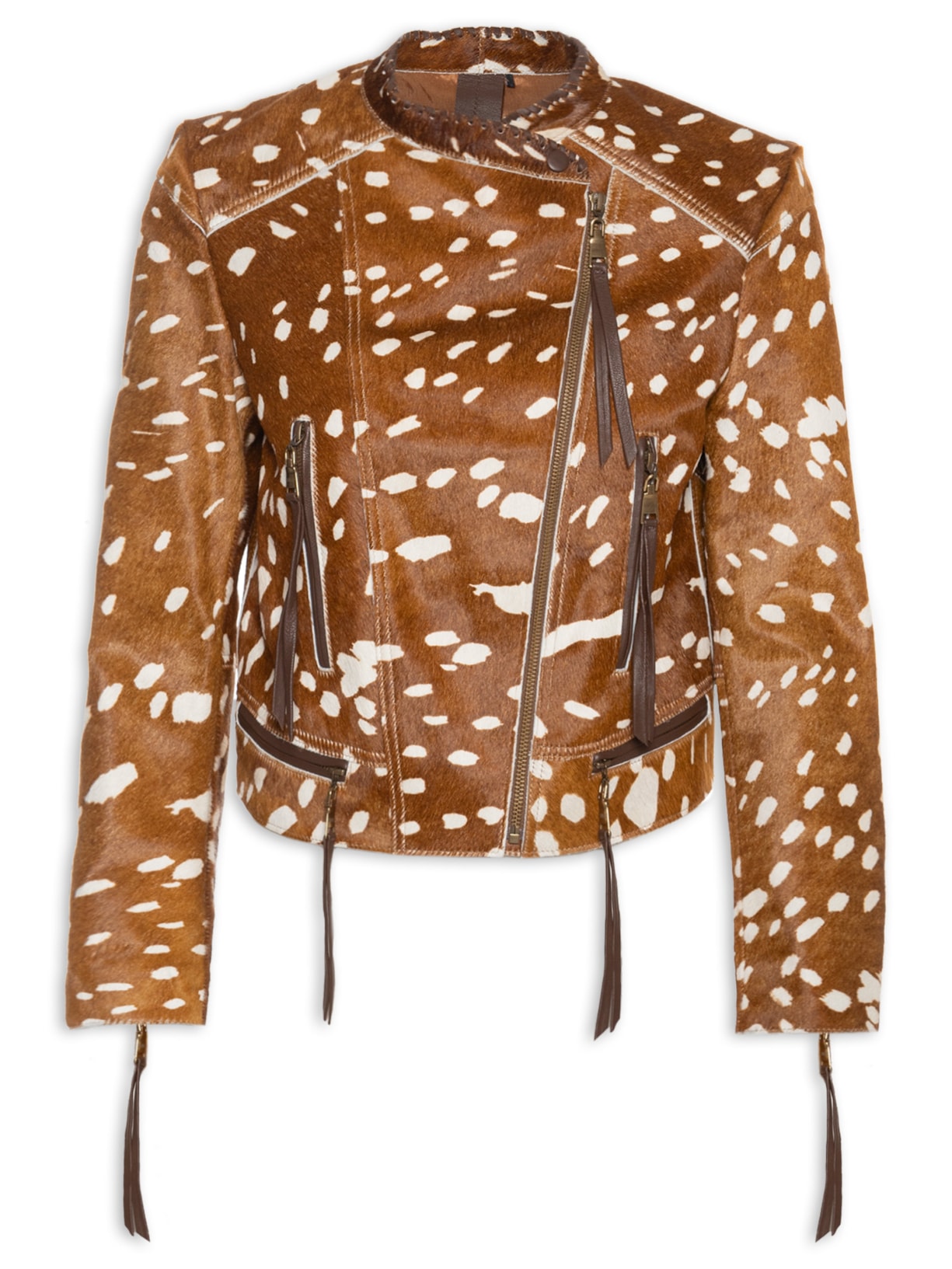 Jaqueta Feminina De Couro Pelo Animal Print - Marrom