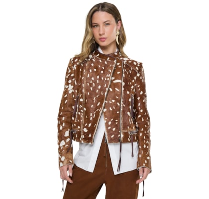 Jaqueta Feminina De Couro Pelo Animal Print - Marrom