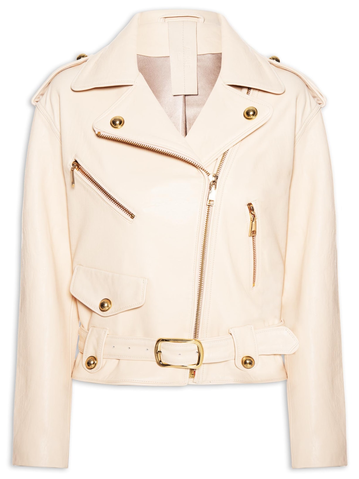 Jaqueta Feminina De Couro Perfecto Zíperes - Bege