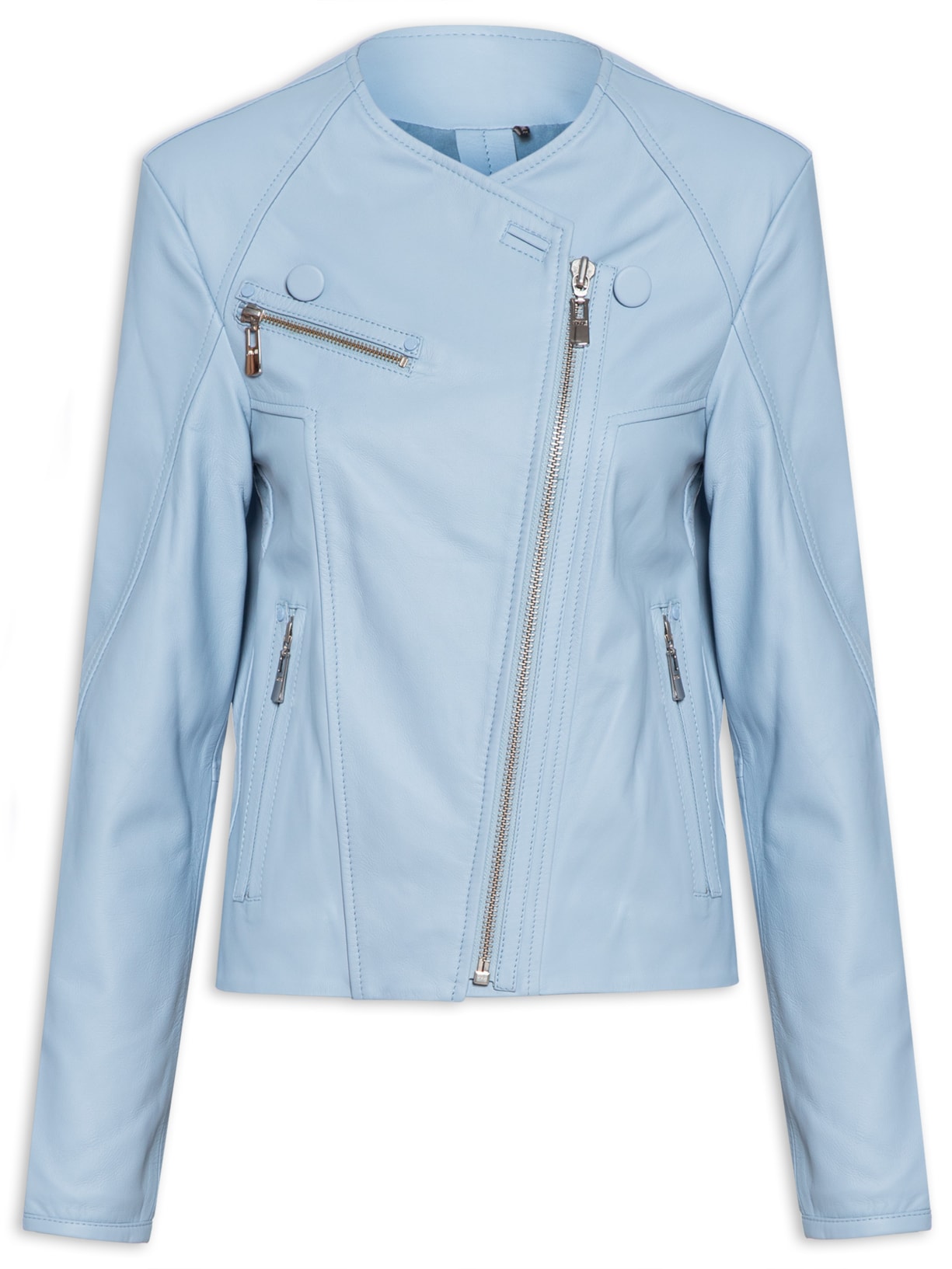 Jaqueta Feminina De Couro Sem Gola Transpassada - Azul