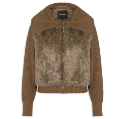 Jaqueta Feminina De Pelo Acabamentos Em Tricot - Marrom