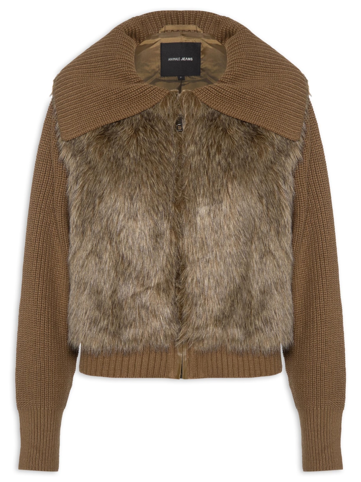 Jaqueta Feminina De Pelo Acabamentos Em Tricot - Marrom